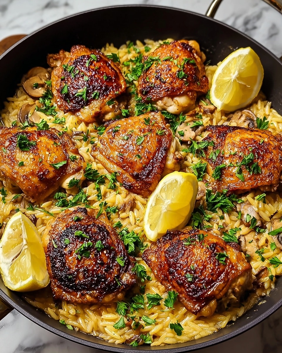 A black skillet filled with a base layer of creamy, pale yellow orzo mixed with small mushrooms spread evenly. On top, six pieces of golden-brown crispy chicken thighs are placed, each piece showing a shiny, well-cooked crust with some charred spots. Bright green parsley leaves are sprinkled over the chicken and orzo, adding contrast. Two thin lemon slices rest near the edge of the skillet, giving a fresh touch. The whole dish looks warm and inviting on a white marbled surface. photo taken with an iphone --ar 4:5 --v 7