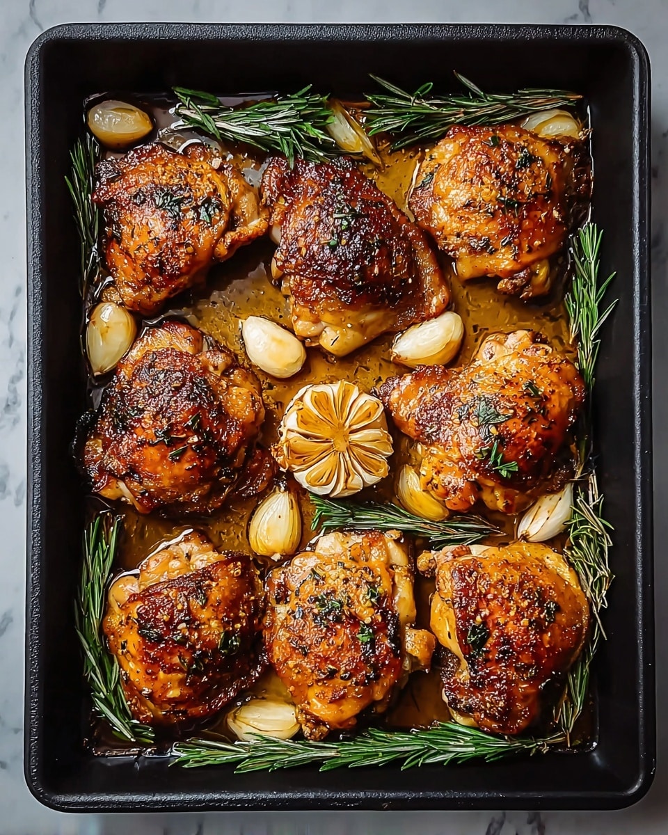 The image shows a black baking tray filled with eight pieces of roasted chicken thighs, each with golden-brown, crispy skin and sprinkled with herbs and spices. The chicken pieces are placed in a slightly irregular pattern, surrounded by whole garlic cloves and sprigs of fresh rosemary, adding green and white contrasts to the rich brown tones of the chicken. In the center, there is a halved bulb of garlic, roasted to a caramelized golden color. Juices and oil from cooking create a shiny, slightly oily surface around the chicken, enhancing the appetizing look. The tray sits on a white marbled textured surface photo taken with an iphone --ar 4:5 --v 7