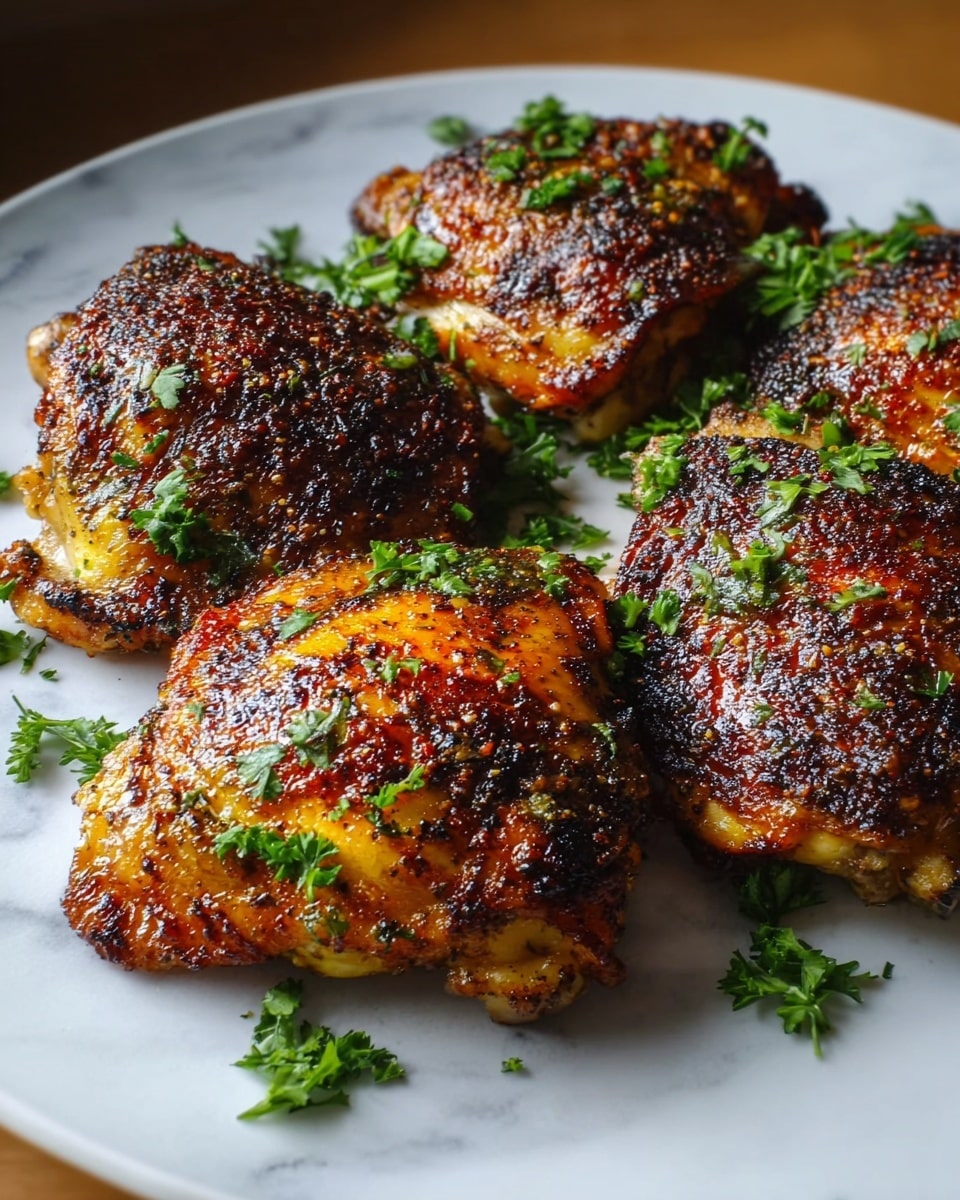 A white plate holds five pieces of grilled chicken thighs, each with a crispy, dark, and golden-brown skin. The chicken skin is seasoned and shows a slightly charred texture with visible crispy edges. Fresh green parsley pieces are scattered on top of the chicken and around the plate, adding a bright contrast to the rich brown colors. The chicken pieces are placed close to each other on the plate, and the background is a white marbled texture. photo taken with an iphone --ar 4:5 --v 7