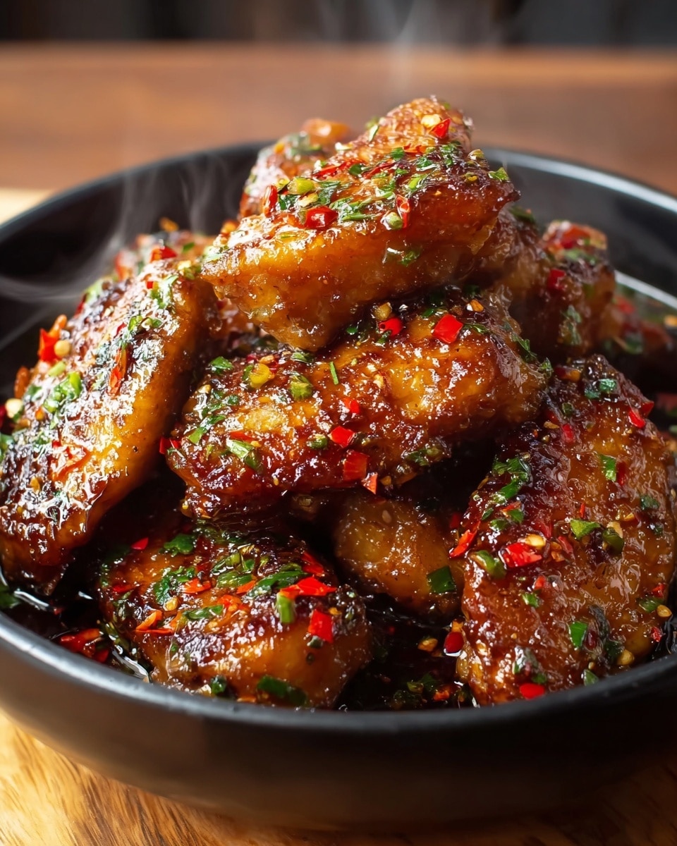 A close-up of a black bowl filled with several pieces of glazed, golden-brown chicken wings stacked in a pile, each piece coated in a shiny, sticky sauce with visible red chili flakes and green herb bits sprinkled on top, giving a spicy and fresh look. The texture of the chicken is crispy on the edges with a juicy inside, and steam rises softly from the warm dish. The bowl sits on a wooden surface with a blurred background. photo taken with an iphone --ar 4:5 --v 7