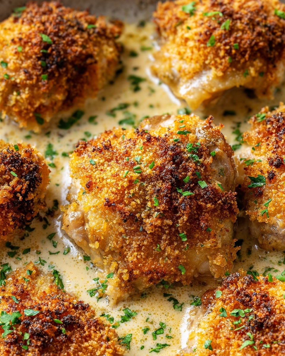 The image shows several pieces of baked chicken thighs with a golden brown, crispy breadcrumb coating on top. The coating looks crunchy and has different shades of brown, with some darker and lighter spots showing a well-toasted texture. The chicken is placed in a layer of creamy, pale sauce that pools around the pieces, giving a slightly shiny surface. Green chopped herbs are sprinkled on top of the chicken and in the sauce, adding small bright green patches to the warm colors of the dish. The chicken pieces are arranged closely on a white marbled textured background. Photo taken with an iphone --ar 4:5 --v 7