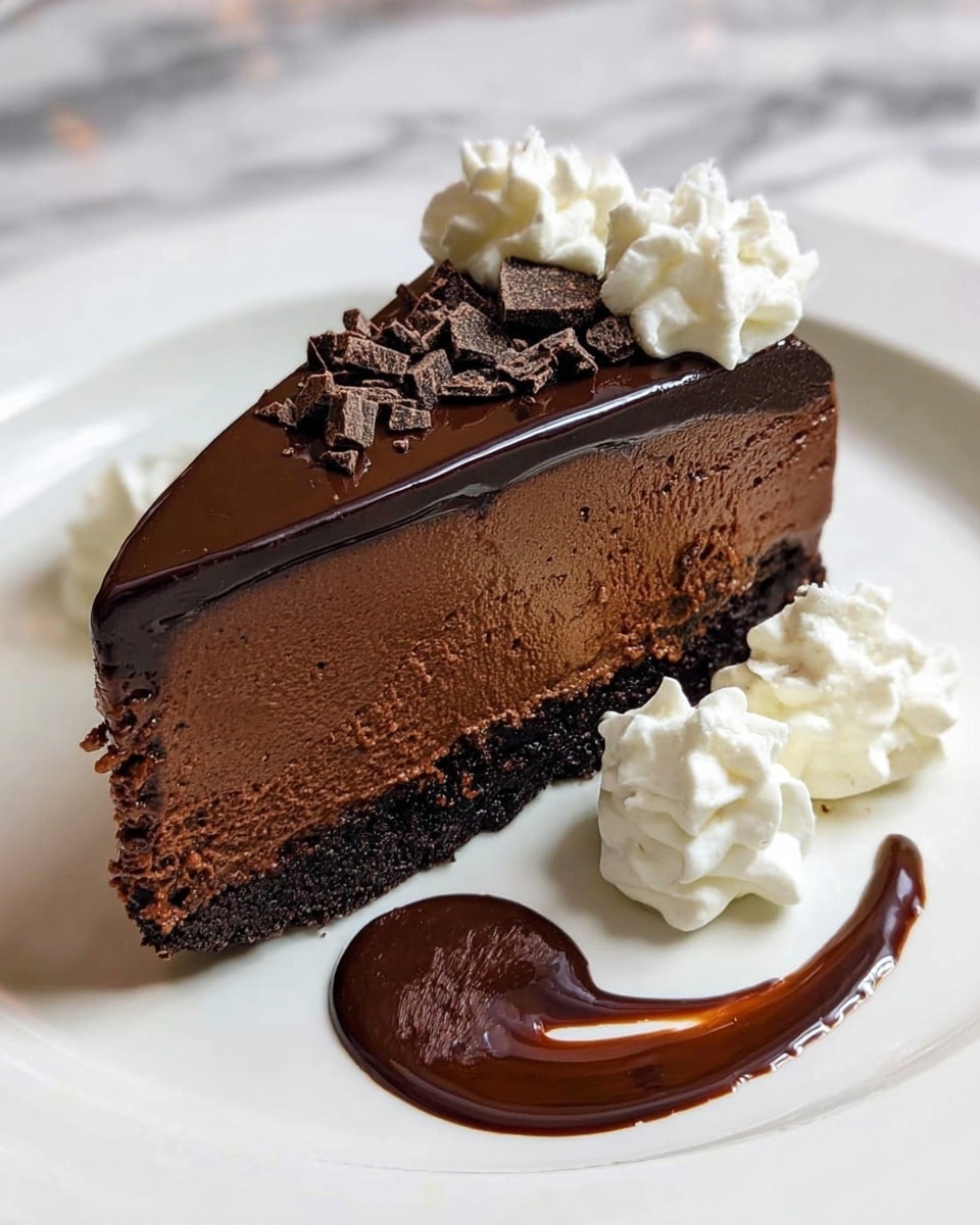 A single slice of rich chocolate cake is shown on a white plate with a white marbled background. The cake has three visible layers: a dark chocolate crumb crust at the bottom, a thick middle layer of smooth, creamy chocolate mousse, and a glossy, dense chocolate ganache on top. Small chunks of chocolate garnish the top layer. On each side of the slice, there is a dollop of white whipped cream with soft, swirled texture. Below the cake, a swirl of thick chocolate sauce decorates the plate. Photo taken with an iphone --ar 4:5 --v 7