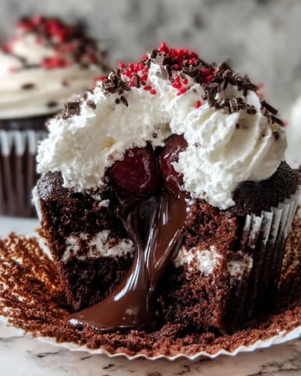 The image shows a close-up of a chocolate cupcake with a thick, gooey dark chocolate center spilling out from the middle. The cupcake has rich, dark brown layers with a slightly crumbly texture. The top is covered with a thick layer of white whipped cream, sprinkled with small dark chocolate shavings and red berry bits. The cupcake liner is white, and the background is a white marbled texture. Photo taken with an iphone --ar 4:5 --v 7