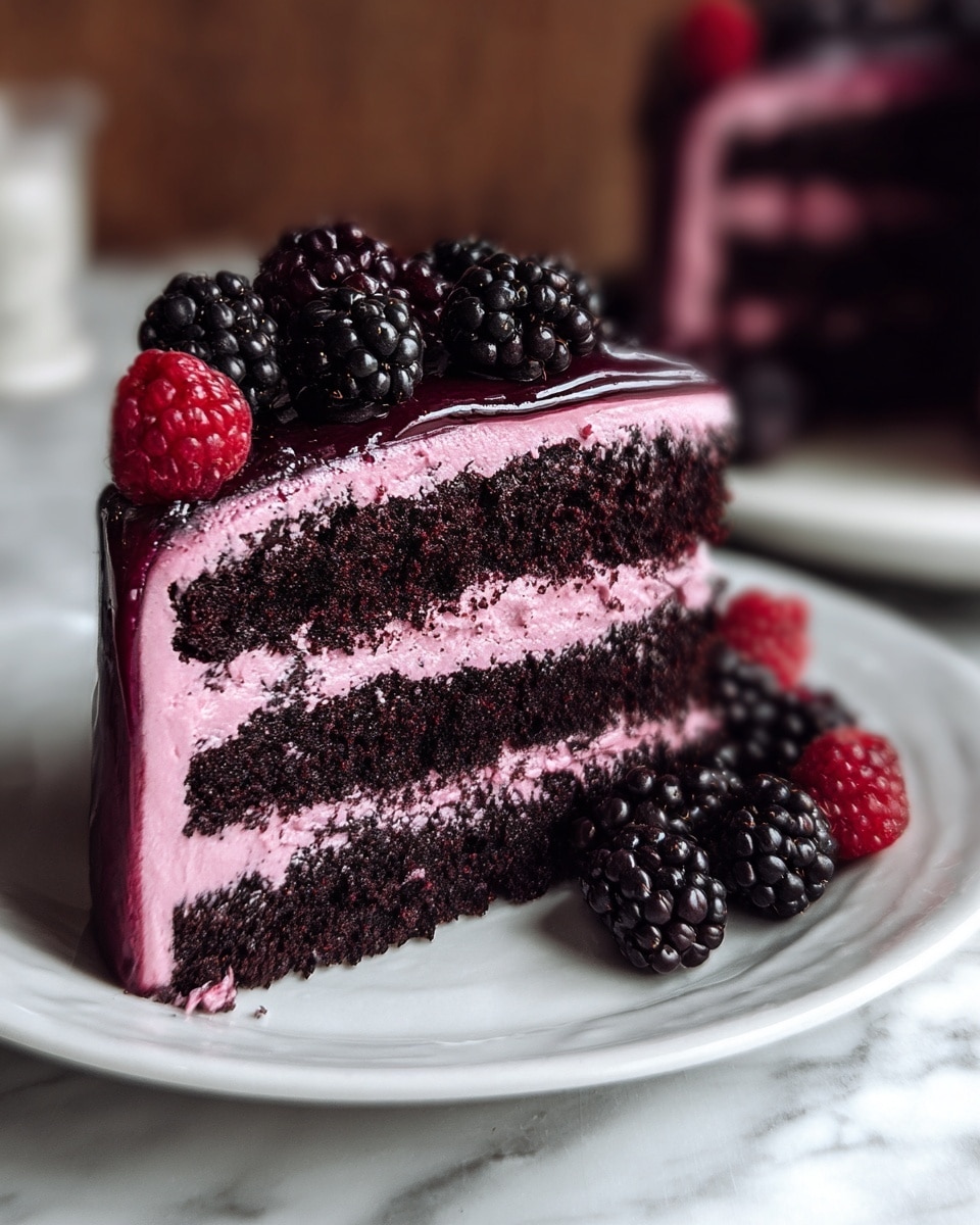 A three-layer dark chocolate cake with thick, smooth pink frosting spread evenly between each layer and covering the outside. The top is coated with a shiny dark berry glaze, and a pile of fresh blackberries sits on top and around the base on a white plate. The background features a blurred white marbled texture surface with a fork and knife visible. photo taken with an iphone --ar 4:5 --v 7