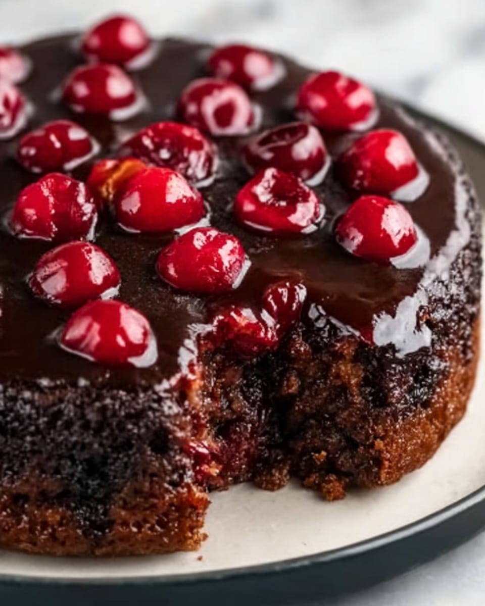 A round chocolate cake with a rough, dark brown crust sits on a white plate with a black rim. The top layer is covered with smooth, shiny dark chocolate glaze that drips slightly down the sides. Bright red cherries with a glossy finish are evenly spread on the glossy chocolate surface. The background is a white marbled surface. Photo taken with an iphone --ar 4:5 --v 7