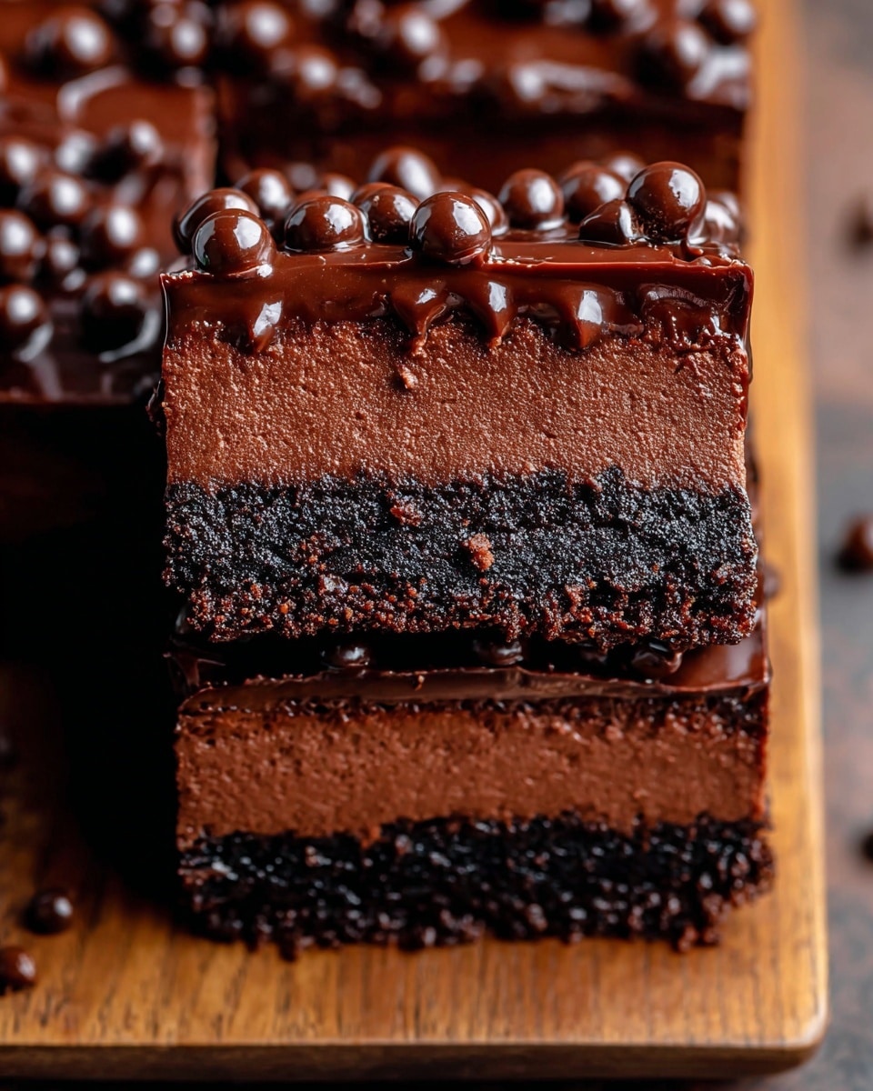 The image shows a close-up of a rich chocolate dessert cut into squares, each piece with three distinct layers. The bottom layer is dark and crumbly, resembling a chocolate cookie crust. The middle layer is thick, dense, and smooth chocolate mousse with a slightly lighter brown tone and creamy texture. The top layer is a shiny, dark chocolate glaze that looks glossy and smooth, decorated with small round chocolate balls scattered across the surface. The pieces are arranged on a wooden cutting board with some gaps between them, showing the thick layers clearly. Photo taken with an iphone --ar 4:5 --v 7