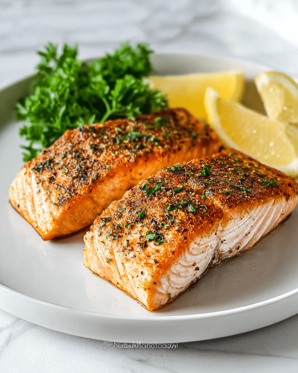 The image shows a white rectangular plate with three main layers of food. At the center is a thick, grilled salmon fillet with a golden-brown crust and green herb specks on top, garnished with two thin yellow lemon slices, one at each end. To the left of the salmon, there are many small roasted baby potatoes in yellow and red colors with crispy, slightly browned skins and herb seasoning. On the right side, there is a generous portion of roasted green broccolini with some charred edges, giving a fresh and textured look. The plate rests on a white marbled surface. photo taken with an iphone --ar 4:5 --v 7