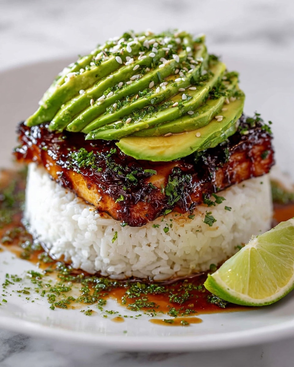 A three-layer dish is shown on a white plate on a white marbled surface. The bottom layer is a thick, round mound of white rice with a slightly sticky texture. Above the rice is a glossy, dark brown glazed grilled fish with crispy edges, garnished with finely chopped green herbs. The top layer features thin, fanned slices of fresh green avocado sprinkled with white sesame seeds and more herbs. There is a small lime wedge on the side of the plate, and some sauce droplets and green herb bits are scattered around the base of the rice. The photo taken with an iphone --ar 4:5 --v 7