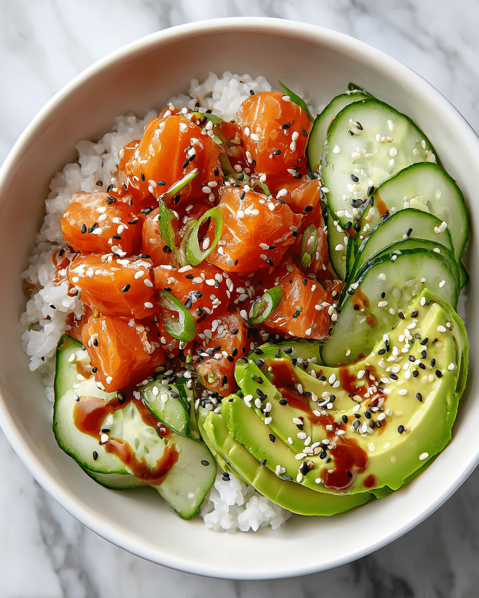 A white shallow plate holds a pile of about 20 golden brown crispy cubes, each coated with crunchy breadcrumbs and speckled with black and white sesame seeds, layered closely and topped with thinly sliced green onions that add a fresh green color. The cubes have a shiny glaze of reddish-brown sauce that drips slightly onto the plate, giving a sticky and spicy look. In the blurred background, a white round bowl holds a dark dipping sauce with sesame seeds floating in it. The setting is on a white marbled surface with soft light highlighting the textures and glossiness of the cubes. Photo taken with an iphone --ar 4:5 --v 7