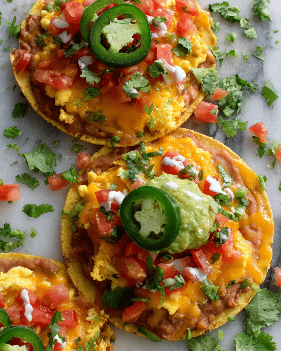 The image shows three tostadas on a white marbled surface. Each tostada has multiple layers starting with a crispy corn tortilla base. The first layer is smooth refried beans with a light brown color evenly spread. On top of the beans is a layer of scrambled yellow eggs mixed with melted orange cheddar cheese. Over the eggs are fresh red tomato pieces and bright green chopped cilantro scattered across. One of the tostadas in the center is topped with a small scoop of creamy green guacamole and a single dark green jalapeño slice with white seeds visible. Small white drizzle of sour cream is added over the toppings. The surface around the tostadas has scattered cilantro leaves and bits of tomato and green onion. photo taken with an iphone --ar 4:5 --v 7