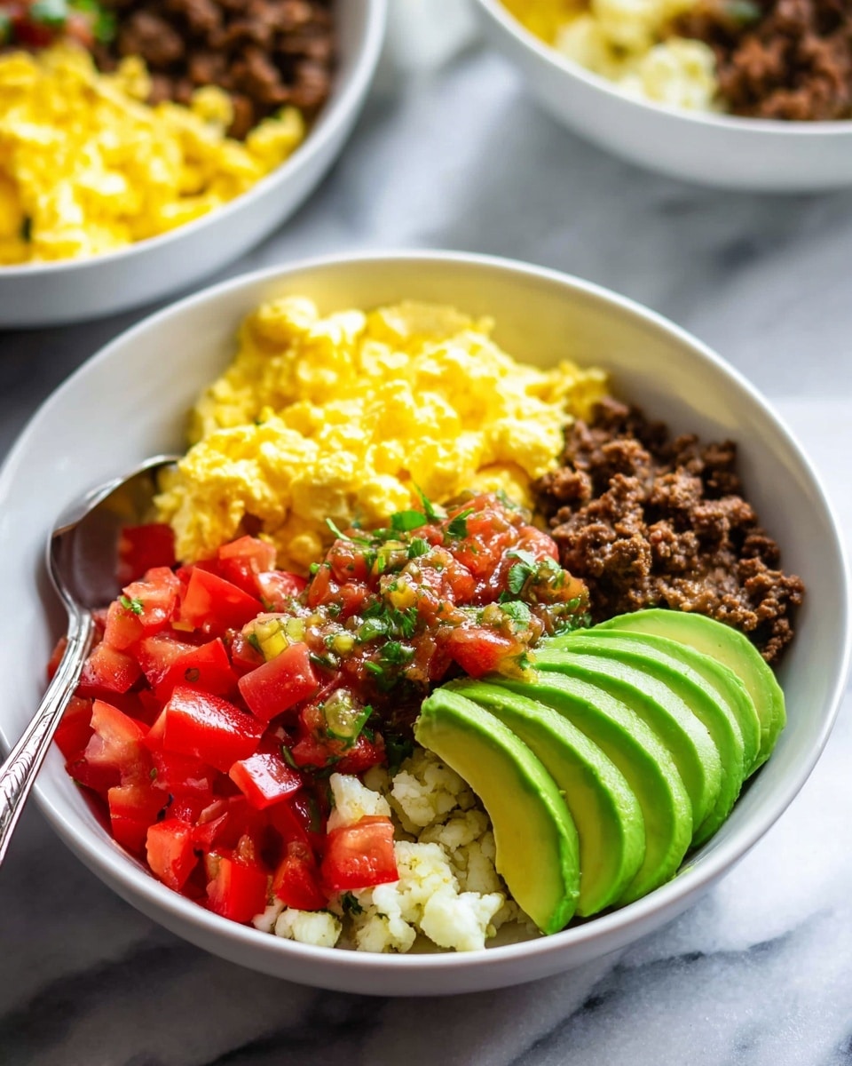 A white bowl filled with six distinct layers of food arranged side by side: bright yellow scrambled eggs on the top left, crumbled cooked ground beef on the top right, finely chopped fresh red tomatoes at the bottom left, small white cauliflower pieces mixed with green bell peppers next to the tomatoes, chunky mixed red and green salsa in the center, and three thick slices of ripe green avocado fanned out on the bottom right. A silver spoon rests inside the bowl on the left side. The bowl is placed on a surface with a white marbled texture. In the background, two similar white bowls with similar colorful mixtures are partly visible out of focus. photo taken with an iphone --ar 4:5 --v 7