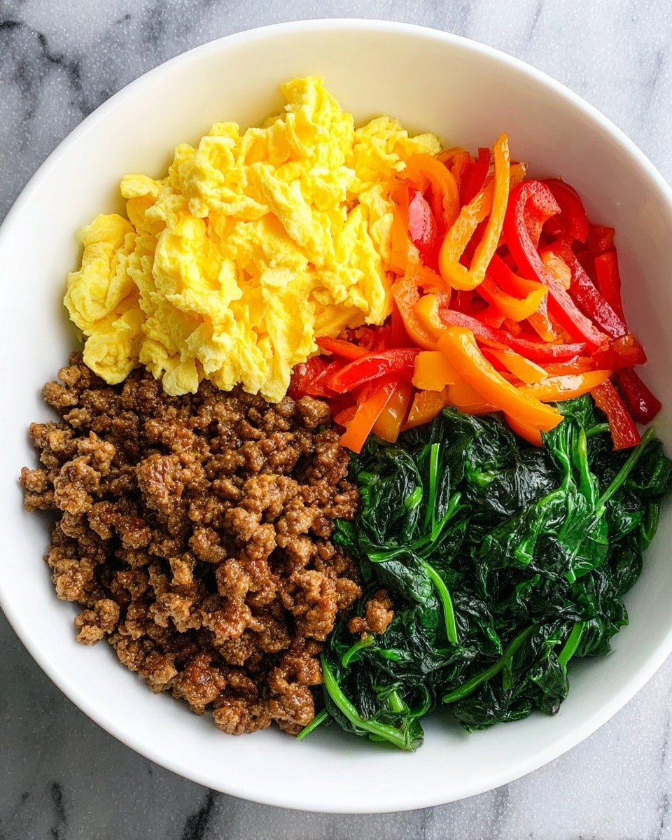A white bowl sits on a white marbled surface, filled with four sections of food arranged side by side: bright yellow scrambled eggs on the left side with a soft and fluffy texture, cooked ground brown meat at the top right with a crumbly appearance, sautéed red and orange bell pepper slices with a glossy and slightly wilted look placed below the meat, and vibrant dark green cooked spinach with a slightly wilted texture filling the bottom left portion of the bowl. The ingredients create a colorful and balanced visual mix. photo taken with an iphone --ar 4:5 --v 7
