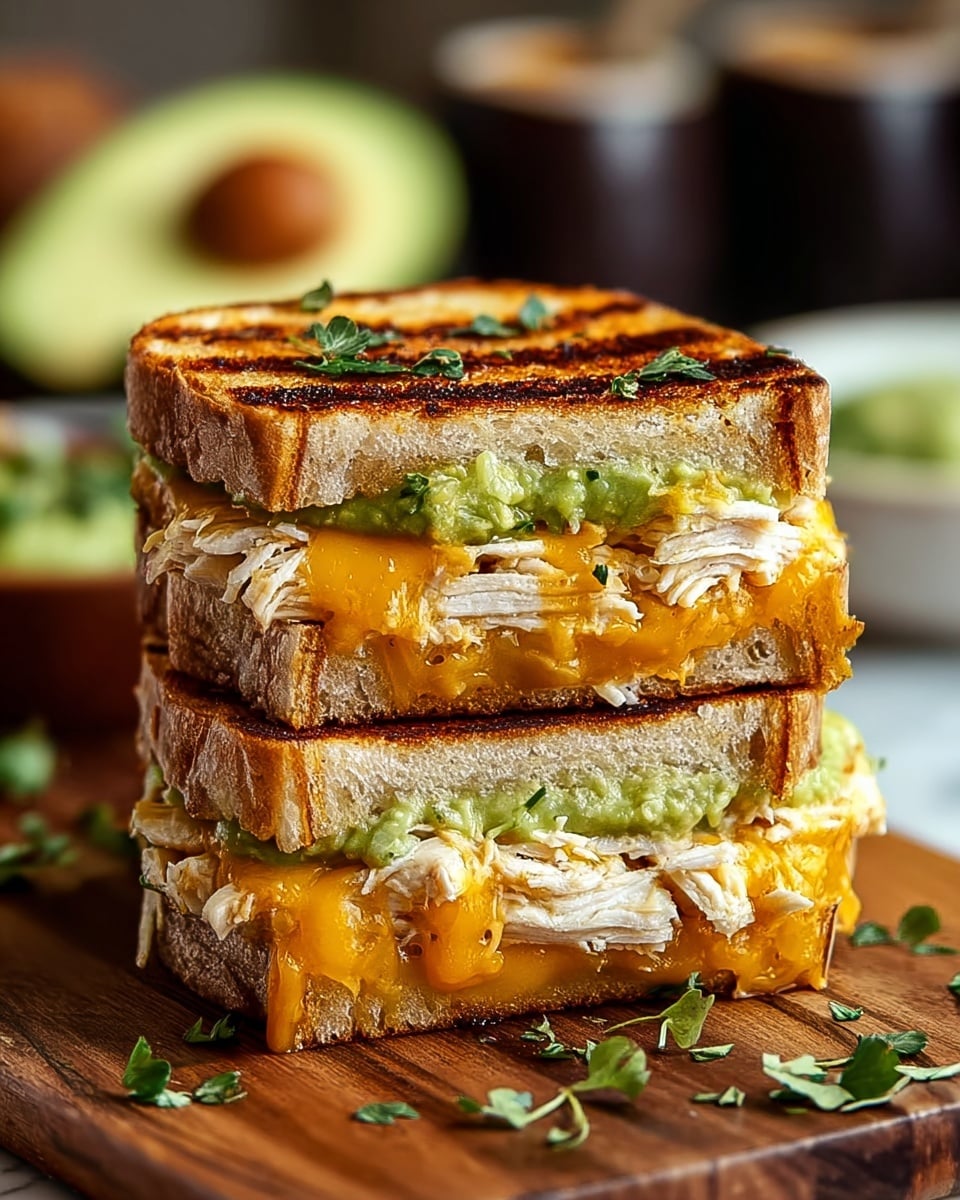 A close-up of a stacked sandwich with two layers of toasted golden brown bread, each slice showing grill marks and a slightly crispy texture. Between the bread, there are layers of melted orange cheddar cheese, shredded white cooked chicken, and a spread of creamy green guacamole. Small green herb leaves are scattered on top of the sandwich and around it. The sandwich sits on a wooden board with a blurred background featuring half an avocado and some dark containers, all set on a white marbled surface. photo taken with an iphone --ar 4:5 --v 7