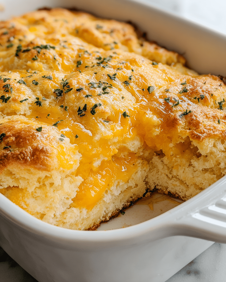 The image shows a close-up of a freshly baked casserole in a white ceramic baking dish. The top layer is golden brown and slightly crispy, sprinkled with finely chopped green herbs. Below the crust, there is a soft, fluffy biscuit layer with a light beige color and airy texture. Between the biscuit layers, there is melted cheddar cheese with a rich orange color, melted smoothly and oozing slightly. The casserole has a warm, inviting look with the layers clearly visible, all set on a white marbled surface. Photo taken with an iphone --ar 4:5 --v 7