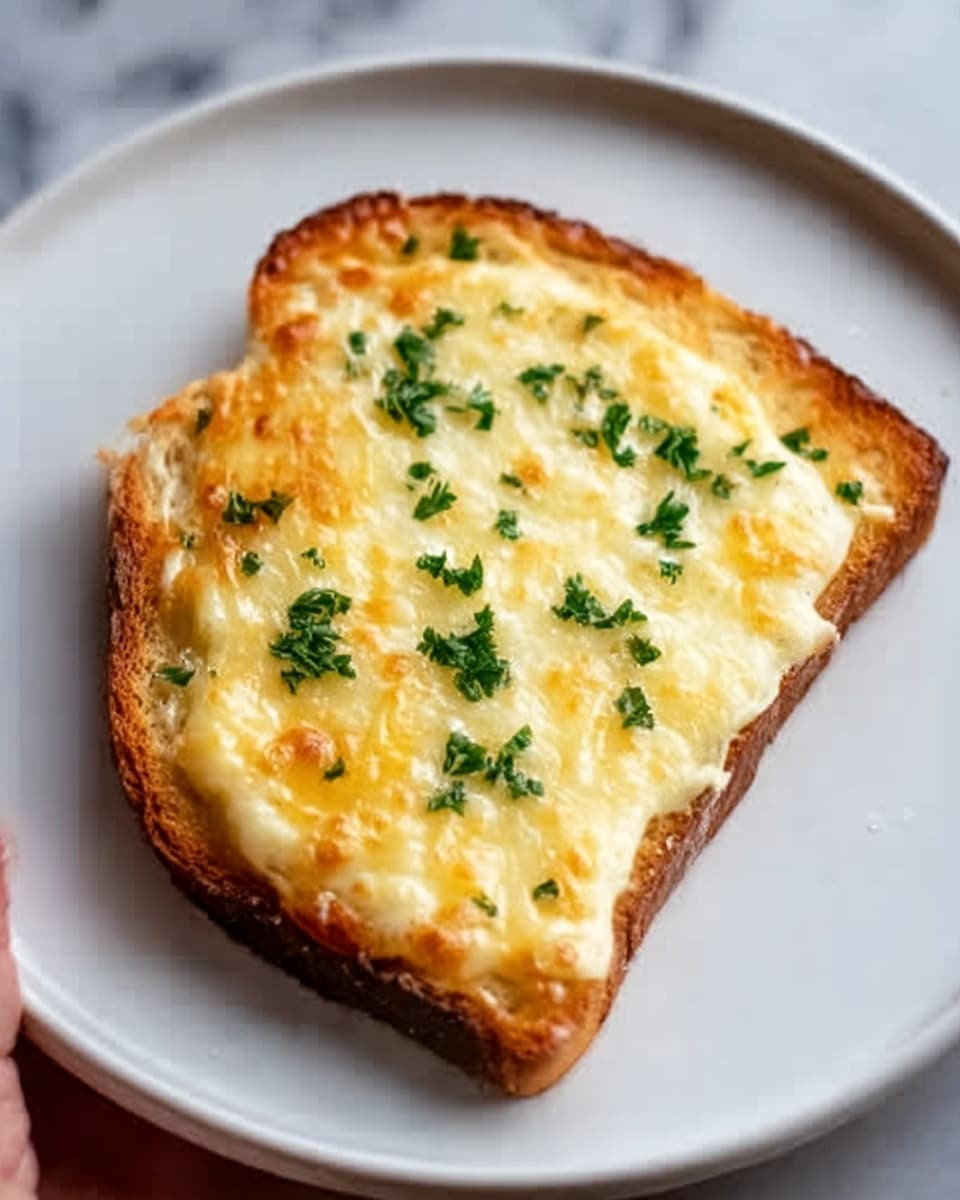 The image shows a single slice of toasted bread on a white plate. The toast is golden brown with a crispy texture, topped with a thick layer of melted cheese that has a slightly bubbly and creamy appearance. Small green parsley pieces are sprinkled evenly over the cheese, adding a bit of color contrast. The plate sits on a white marbled surface, and a woman's hand is seen holding the plate from the side. The lighting highlights the melted cheese and crispy toast texture clearly. photo taken with an iphone --ar 4:5 --v 7