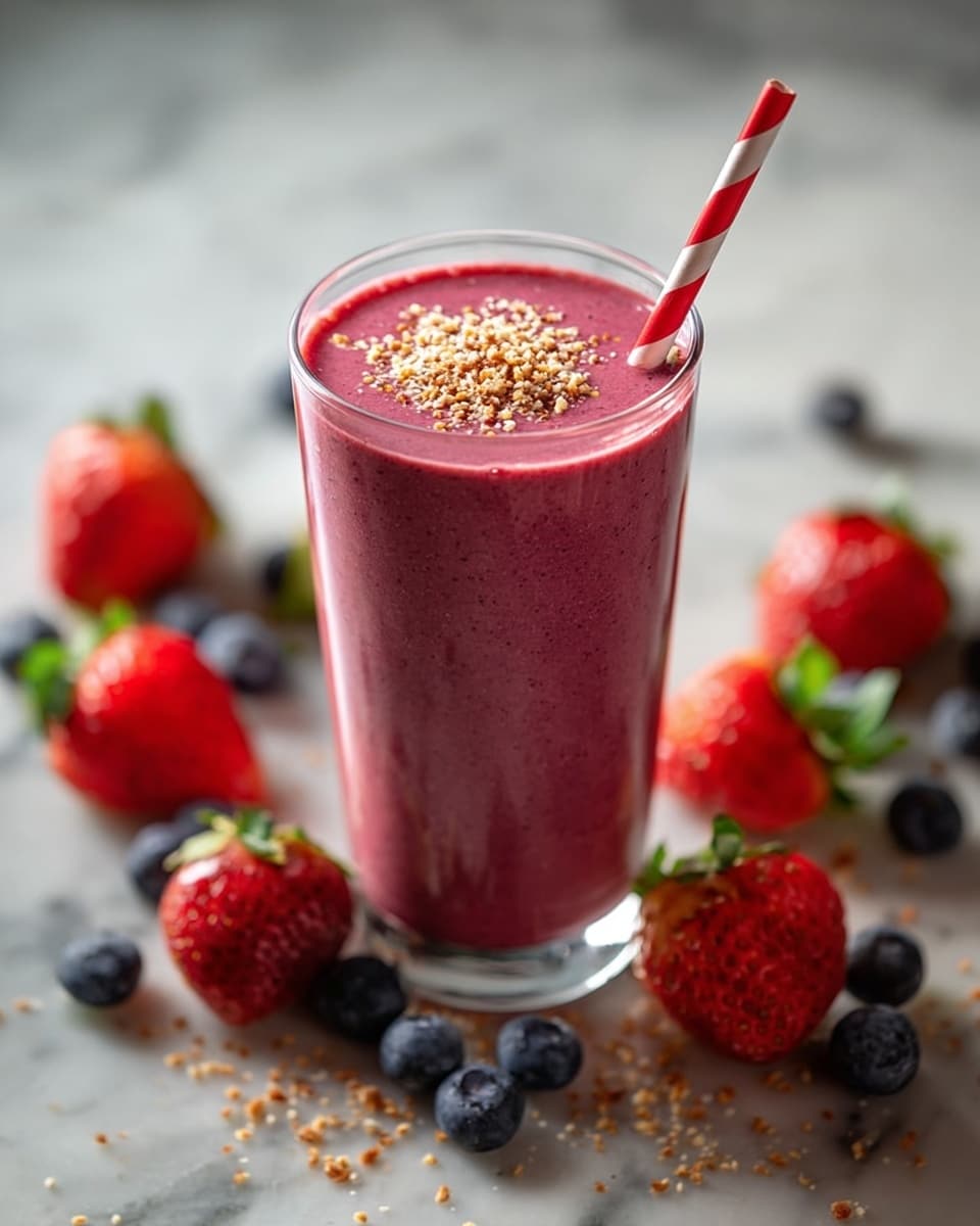 A tall clear glass filled with a smooth, thick berry smoothie of deep pink color, topped with a light sprinkle of crushed nuts or seeds. A red and white striped paper straw sticks out from the top right side of the smoothie. The glass sits on a white marbled surface surrounded by fresh, bright red strawberries and dark blue blueberries scattered around, with some crushed nuts or seeds sprinkled on the surface as well. The focus is sharp on the glass and nearby berries, while the background is softly blurred. photo taken with an iphone --ar 4:5 --v 7