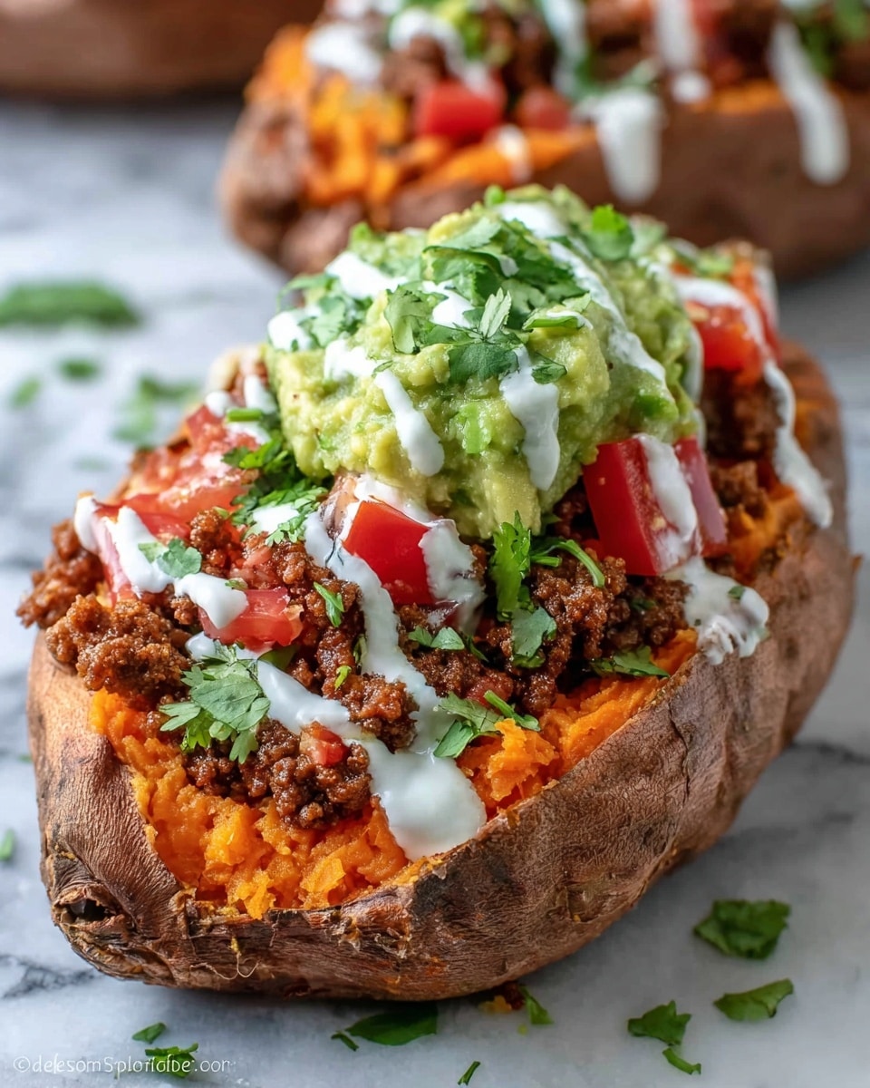 The image shows a baked sweet potato cut open and filled with several colorful layers. The bottom layer inside the potato is a bright orange mashed sweet potato with a soft texture. On top of this is a layer of cooked ground beef that looks browned and crumbly. Scattered pieces of fresh red tomato add small pops of color. The top layer is a generous scoop of chunky green guacamole with bits of cilantro mixed in. The whole dish is drizzled with white sour cream in thin lines, and sprinkled with chopped green cilantro leaves. The sweet potato skin is brownish and slightly wrinkled, holding all the layers together. The background is a white marbled texture. photo taken with an iphone --ar 4:5 --v 7