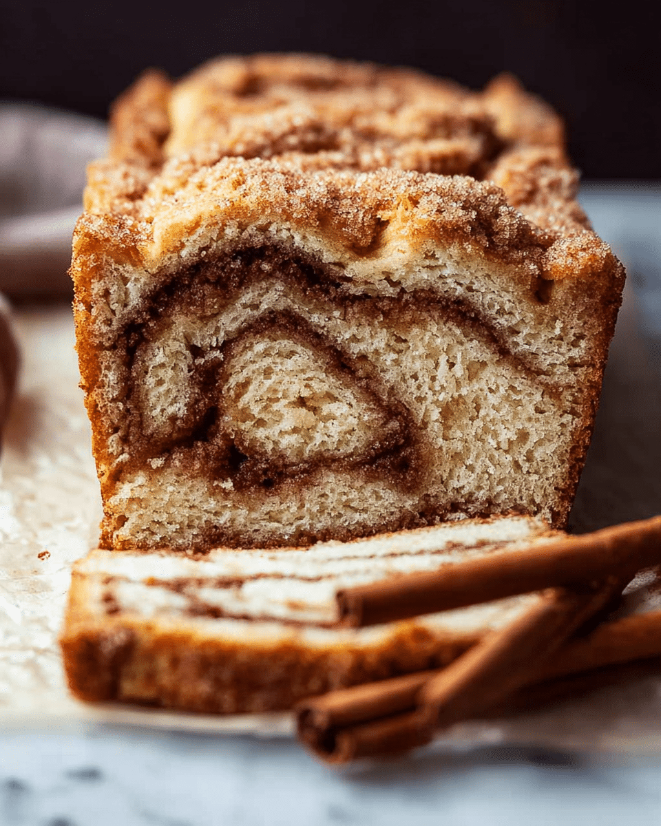 A loaf of cinnamon swirl bread is sliced to show the inside layers, featuring a light beige bread base with a dark brown cinnamon sugar spiral running through the center. The top layer has a rough texture with a golden-brown crumbly topping sprinkled with sugar crystals. The bread rests on a white marbled surface covered partly with parchment paper, and two cinnamon sticks lie near the front of the loaf. The background is blurry and dark, focusing attention on the bread. photo taken with an iphone --ar 4:5 --v 7