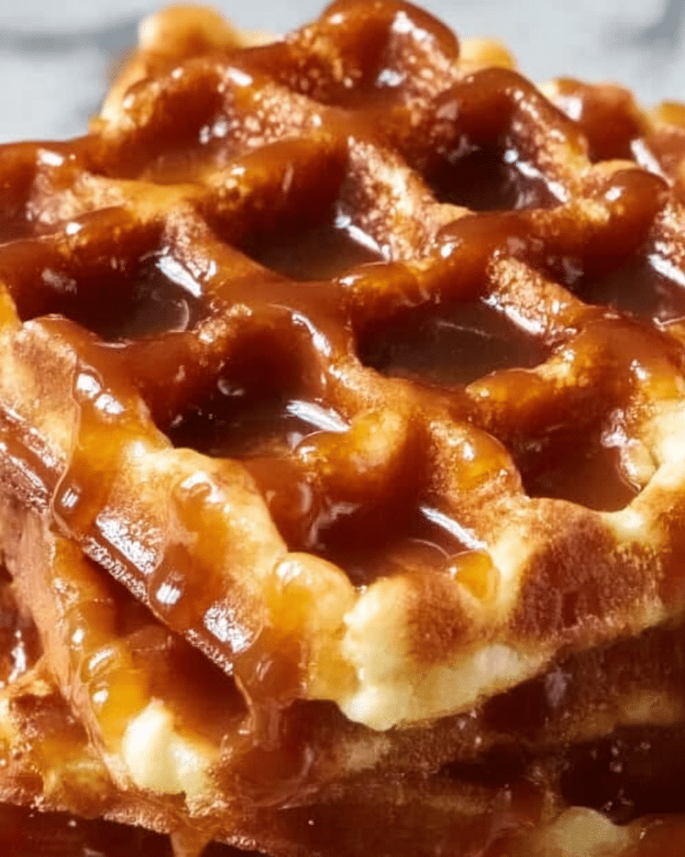 The image shows two golden brown waffles stacked on top of each other with a shiny layer of syrup dripping down the sides, filling the square pockets of the waffles. The texture of the waffles looks crispy on the outside with a soft inside, and there is a light dusting of powdered sugar on top adding a touch of white contrast. The waffles are placed on a white plate sitting on a white marbled surface. A woman's hand is holding the plate from the side. photo taken with an iphone --ar 4:5 --v 7
