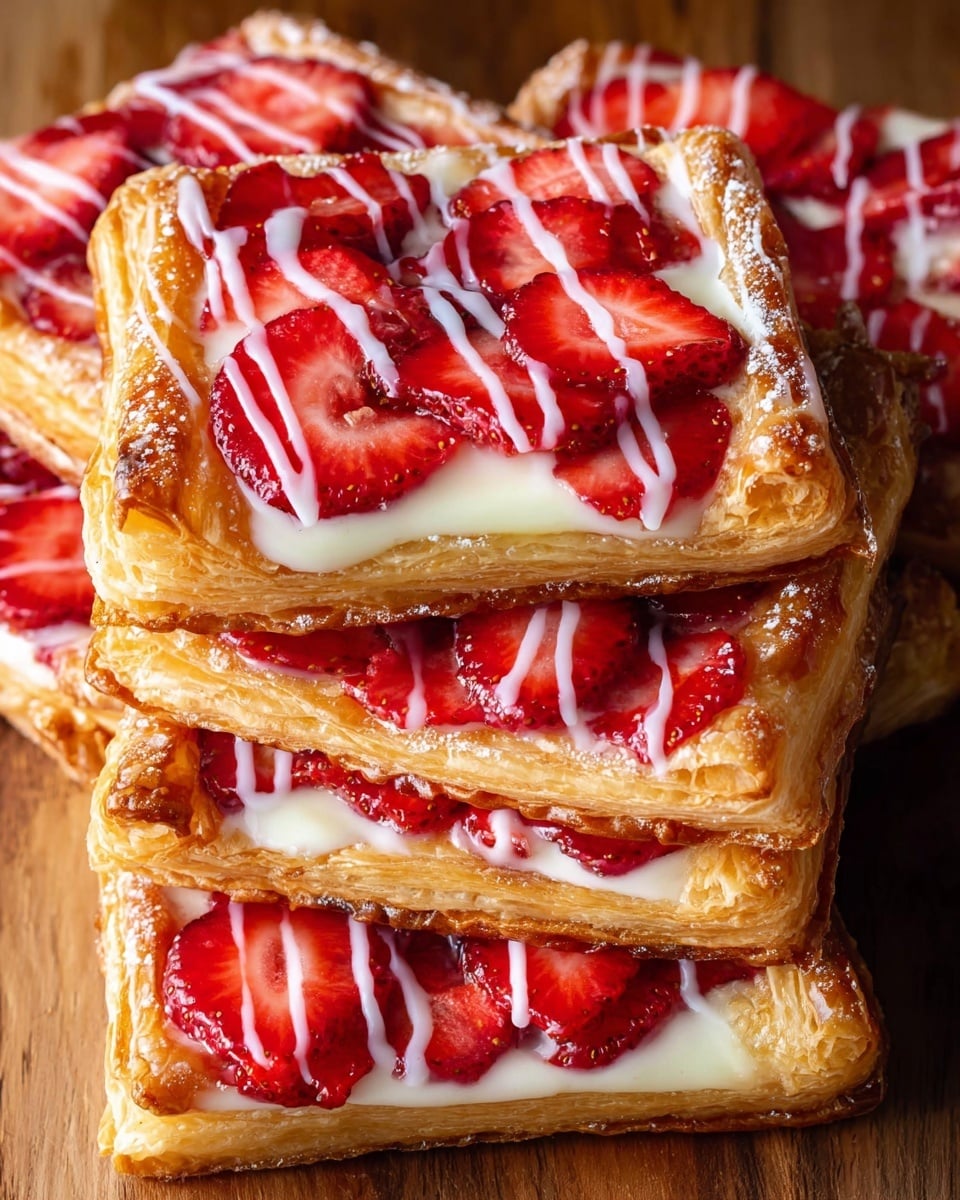 A pile of rectangular pastries with three visible layers: a golden-brown flaky puff pastry base and sides, a creamy white cheese or custard layer in the middle, and a topping of glossy, bright red strawberry slices arranged close together. The pastries are drizzled with a thin layer of white icing in a random pattern across the tops, adding contrast and texture. The pastries rest closely packed on a light wooden surface with visible grain. Photo taken with an iphone --ar 4:5 --v 7