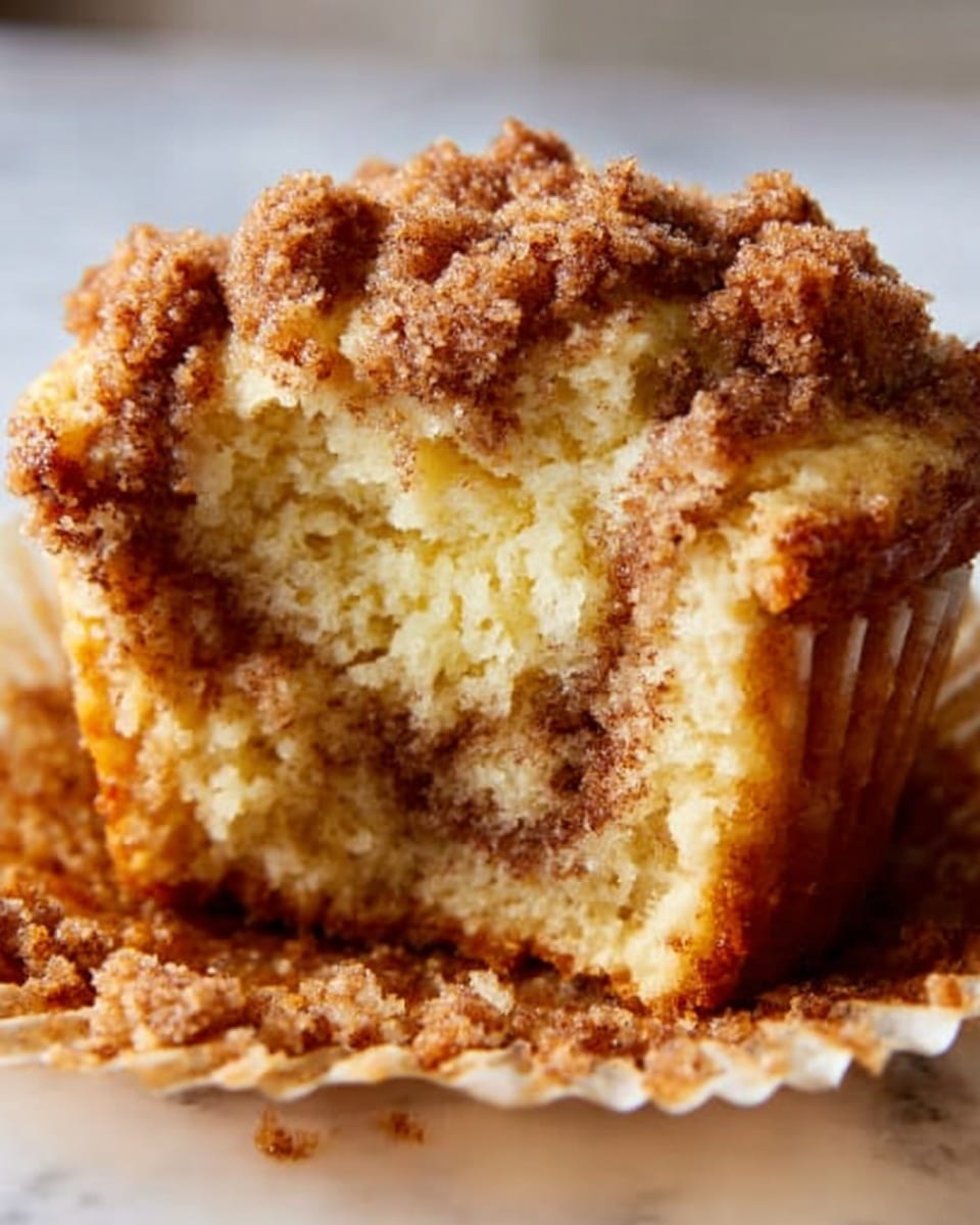 A close-up of a muffin with a bite taken out of it showing two layers: the bottom layer is a light yellow, soft cake with a moist texture, and the top layer is a crumbly, brown streusel topping with small sugar clumps. The muffin liner is light brown and ridged, holding the muffin firmly. The muffin is placed on a white marbled surface with some crumbs scattered around. photo taken with an iphone --ar 4:5 --v 7