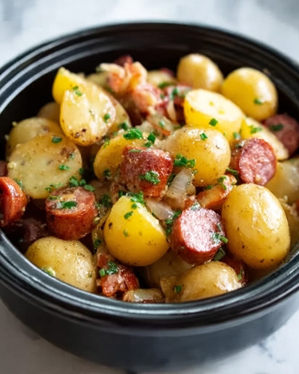 The image shows a black pot filled with a comforting dish made of small yellow potatoes cut in halves mixed with slices of reddish-brown sausage. There are melted bits of yellow cheese spread on top, adding a creamy texture. Small green herb pieces like parsley are scattered throughout, giving a fresh look. The pot rests on a white marbled surface. The colors are warm with yellows, reds, and greens all well balanced. photo taken with an iphone --ar 4:5 --v 7