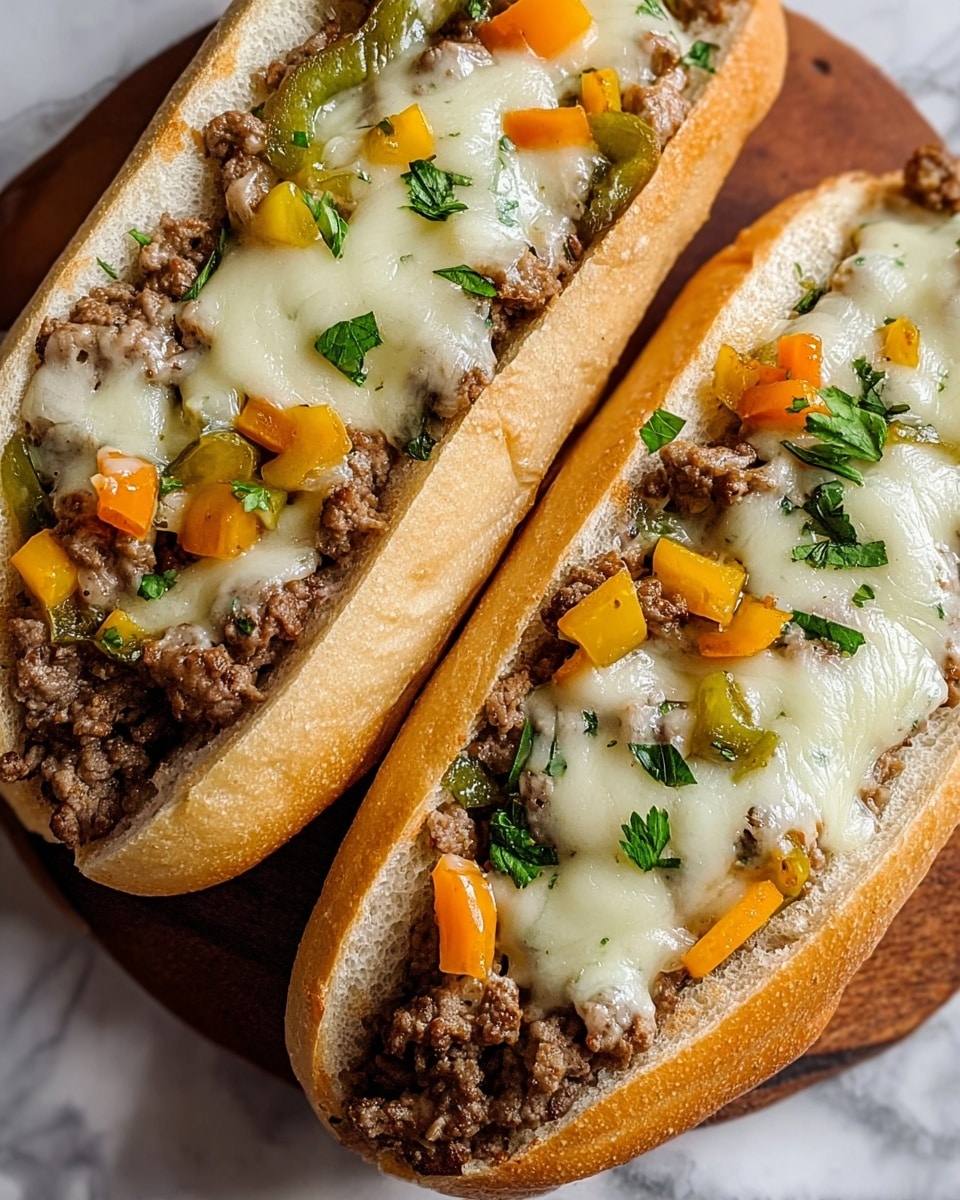 Two sandwich rolls are shown on a white marbled surface, each cut open and filled with layers. The base layer is a soft, light brown bread roll, slightly toasted. Inside, there is a layer of cooked ground beef with a crumbly, browned texture. Mixed within the beef are green and orange bell pepper pieces. On top, a layer of melted white cheese gently covers the beef and peppers, with a few small green herb leaves scattered for color contrast. The sandwiches rest closely together on a round wooden board. photo taken with an iphone --ar 4:5 --v 7