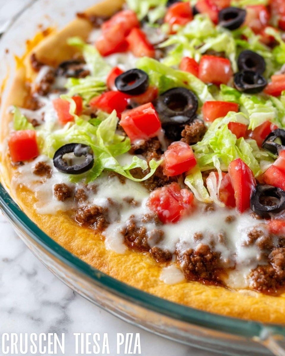 A white rectangular glass baking dish holds a crescent dough taco pizza with four main layers: the bottom golden-brown crescent dough crust, topped with a layer of melted white cheese that looks creamy and soft, followed by scattered browned ground beef pieces, sliced black olives, and diced red tomatoes. On the right side, fresh green lettuce leaves add a fresh texture on top of the cheese. The dish rests on a white marbled surface. photo taken with an iphone --ar 4:5 --v 7