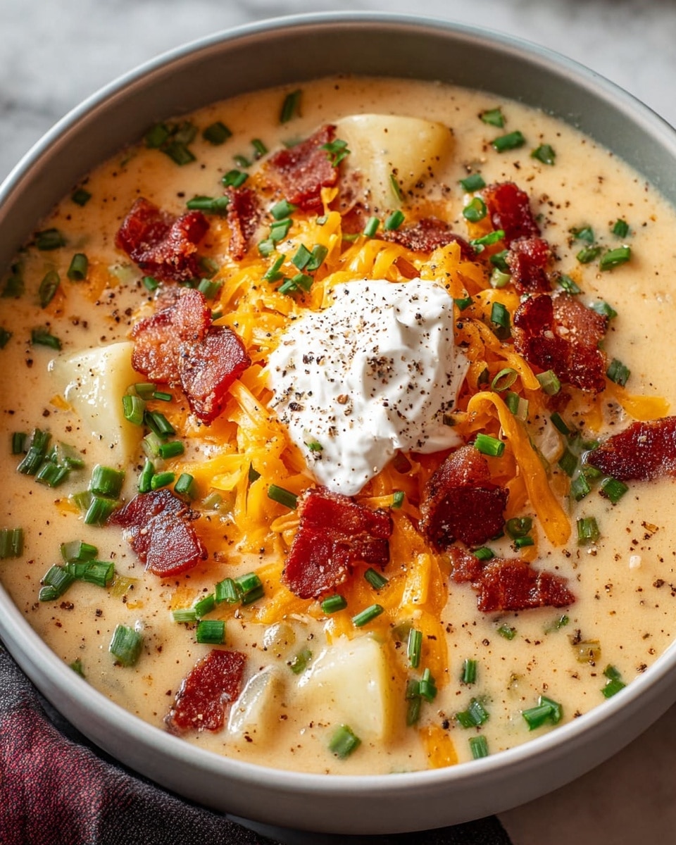 A black bowl filled with creamy soup showing visible chunks of potatoes in light yellow, topped with a generous layer of shredded orange cheddar cheese, small crispy pieces of dark red bacon scattered on top, a dollop of white sour cream placed centrally, and sprinkled with chopped bright green scallions and black pepper flakes. The bowl sits on a white marbled textured surface with a metal spoon placed beside it on a striped cloth. Photo taken with an iphone --ar 4:5 --v 7