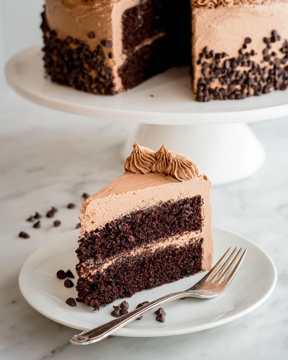 The image shows a slice of rich chocolate cake on a white plate, with the whole cake visible in the background on a white cake stand. The cake has two dark, moist chocolate layers with a thick layer of smooth, light brown chocolate frosting in the middle, and the same frosting covers the outside. The bottom edge of the whole cake is decorated with small swirls of the frosting and scattered dark chocolate chips. The white plate also holds a silver fork next to the slice, and the scene is set on a white marbled surface. Photo taken with an iphone --ar 4:5 --v 7