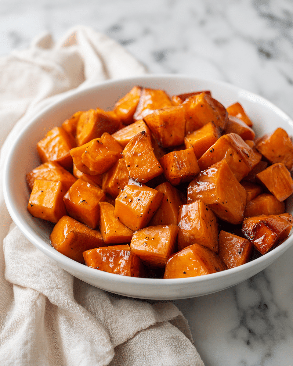 A white bowl filled with large, shiny, orange cubes of roasted sweet potatoes piled high, each piece showing a slightly caramelized surface with hints of black pepper and herbs. The bowl is placed on a white marbled surface, next to a soft, beige cloth. The sweet potatoes have a glossy texture, suggesting they are coated in a light glaze. Photo taken with an iphone --ar 4:5 --v 7