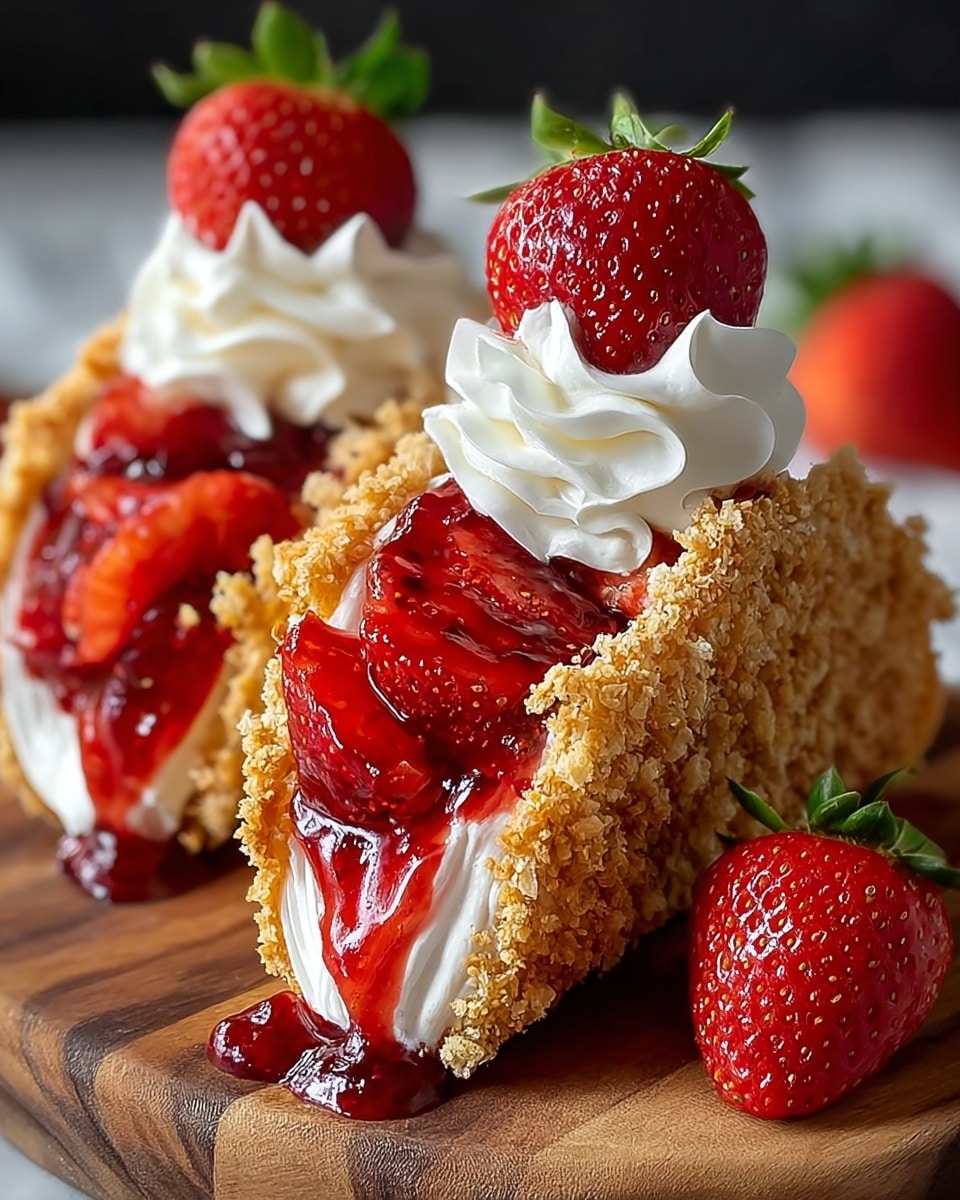 Two dessert tacos are shown side by side on a dark wooden board with powdered sugar sprinkled around. Each taco shell is coated with golden crumbs, giving a rough texture. Inside the shell, there is a base layer of smooth white cream, topped with a thick, glossy red strawberry jam that drips slightly out of the taco. Each taco is finished with a swirl of white whipped cream and a fresh bright red half strawberry placed on top. Fresh strawberries with green leaves are placed near the tacos, against a blurred white marbled textured background. photo taken with an iphone --ar 4:5 --v 7