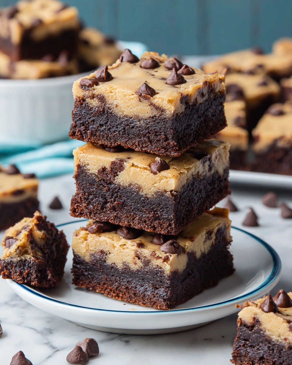 A stack of four thick square bars is shown on a white plate, each bar having two clear layers: a bottom dark brown, fudgy brownie layer and a top light golden cookie dough layer dotted with melted dark chocolate chips. The top layer looks soft and slightly cracked with chocolate chips sinking in, while the brownie layer appears dense and moist. In the front, a piece is broken off revealing the rich, gooey inside and scattered chocolate chips around the plate add texture. In the background, more bars are placed in a white bowl, all set on a white marbled surface. Photo taken with an iphone --ar 4:5 --v 7