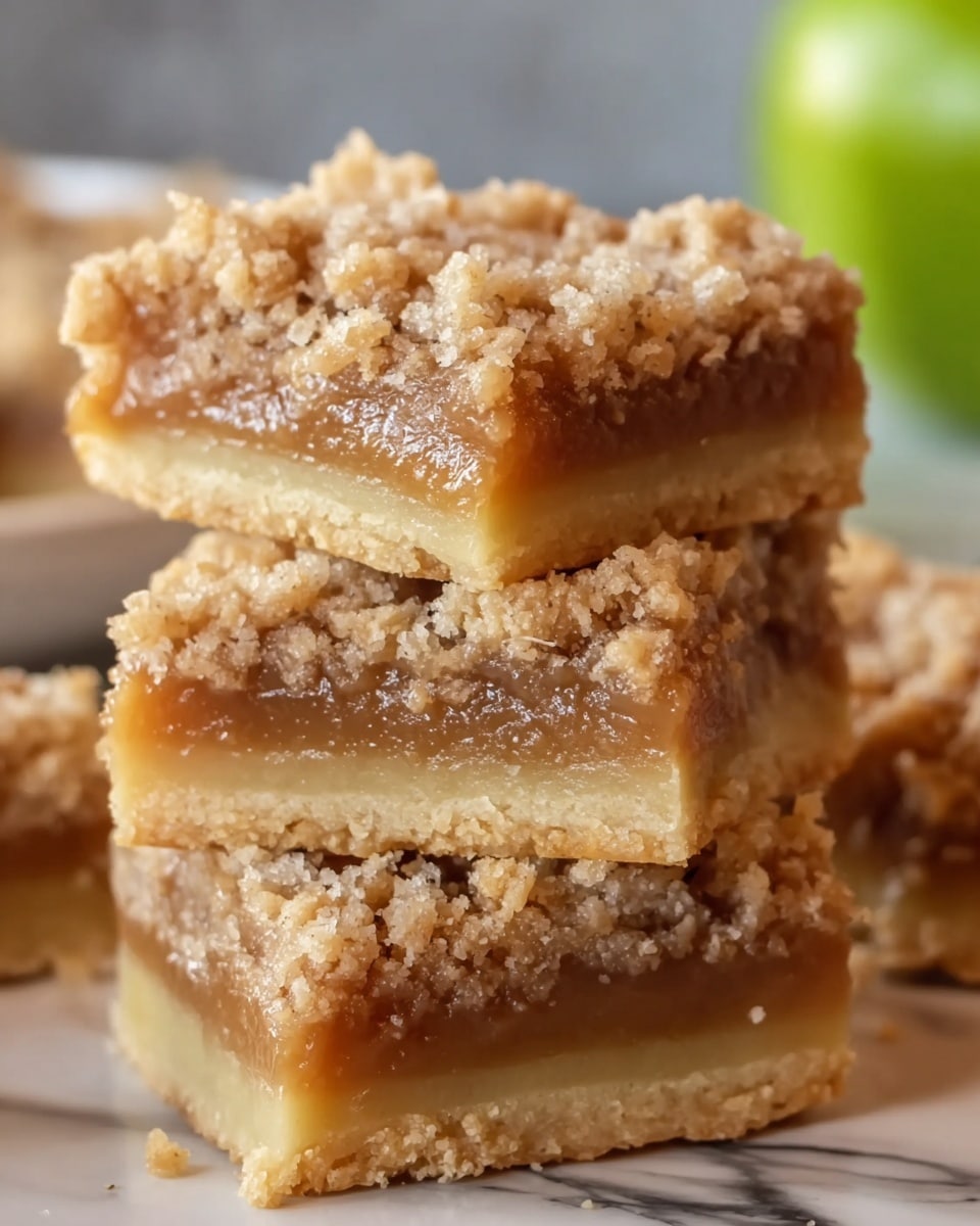 This image shows three stacked dessert bars with three distinct layers. The bottom layer is a firm, light beige crust. The middle layer is a shiny, gooey, golden caramel filling that looks soft and sticky. The top layer is a crumbly, coarse streusel topping that is light golden brown in color and sprinkled with a bit of white sugar. The bars are stacked unevenly on a surface with a white marbled texture, and there is a blurred green apple in the background. photo taken with an iphone --ar 4:5 --v 7