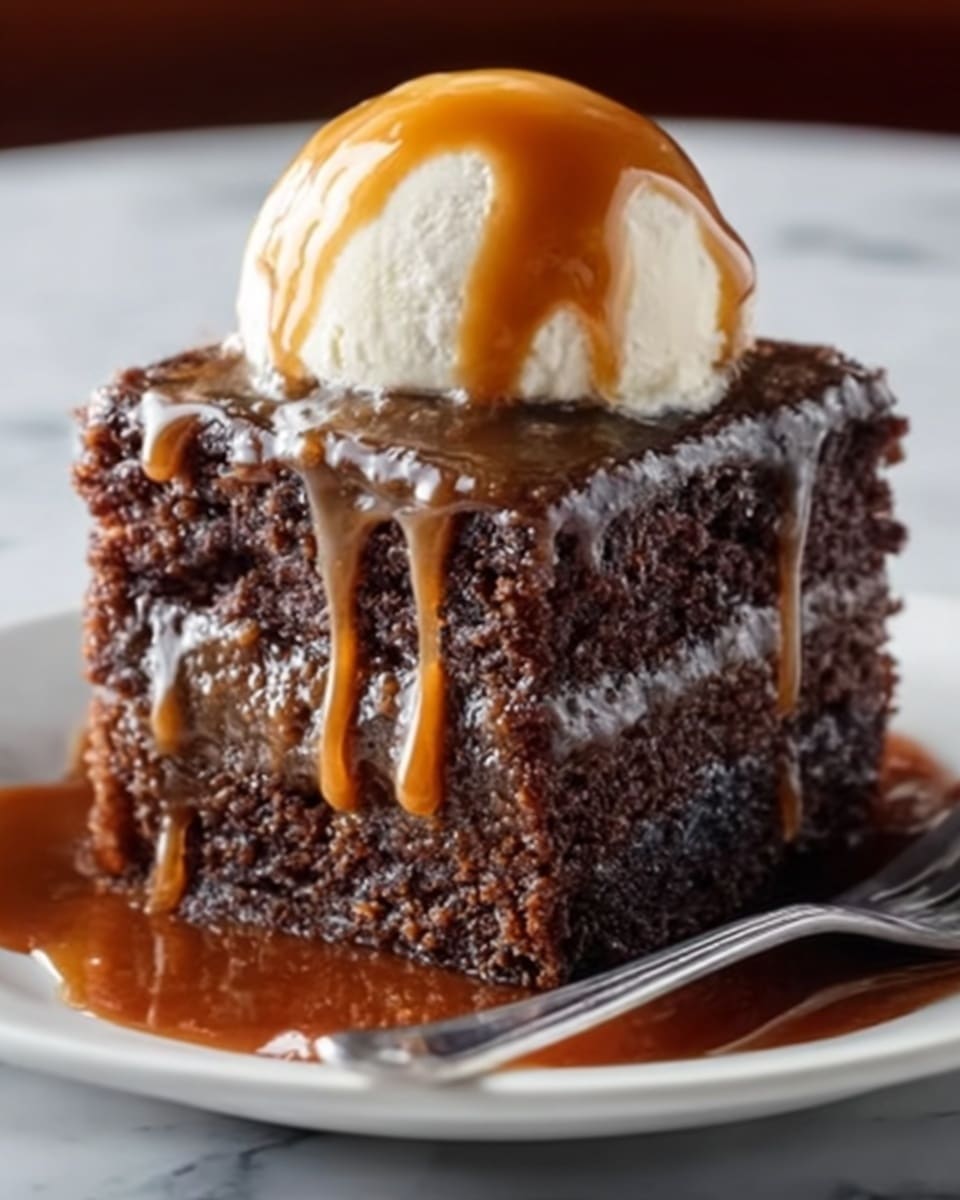 The image shows a close-up of a rich, dark brown chocolate cake slice on a white plate, sitting on a white marbled surface. The cake has a moist and dense texture with visible small holes, topped with a smooth, white scoop of ice cream. Golden caramel sauce slowly drips down the sides of both the cake and ice cream, pooling slightly on the plate. A silver fork lies in front of the cake, ready to take a bite. The background is softly blurred, making the dessert the clear focus. Photo taken with an iphone --ar 4:5 --v 7
