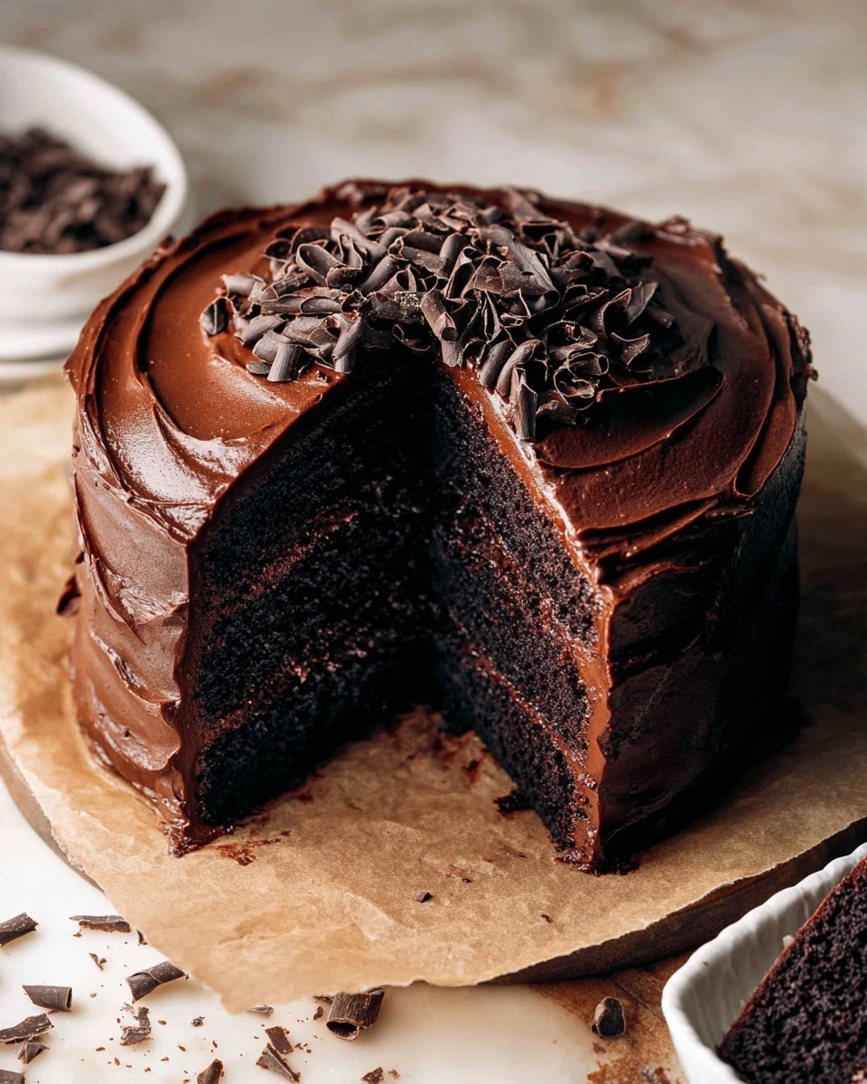 The image shows a dark, three-layer chocolate cake with a thick, smooth layer of shiny chocolate frosting covering the top and sides. The top layer of frosting is decorated with many small, curled chocolate shavings concentrated on one side. The cake layers have a moist, dense texture visible from the cut slice, with a thin layer of frosting between each cake layer. The cake is placed on a piece of parchment paper over a rustic wooden surface with some chocolate curls scattered around, and a small white bowl with more chocolate curls is partially visible at the bottom right corner. The background has a soft, white marbled texture. photo taken with an iphone --ar 4:5 --v 7