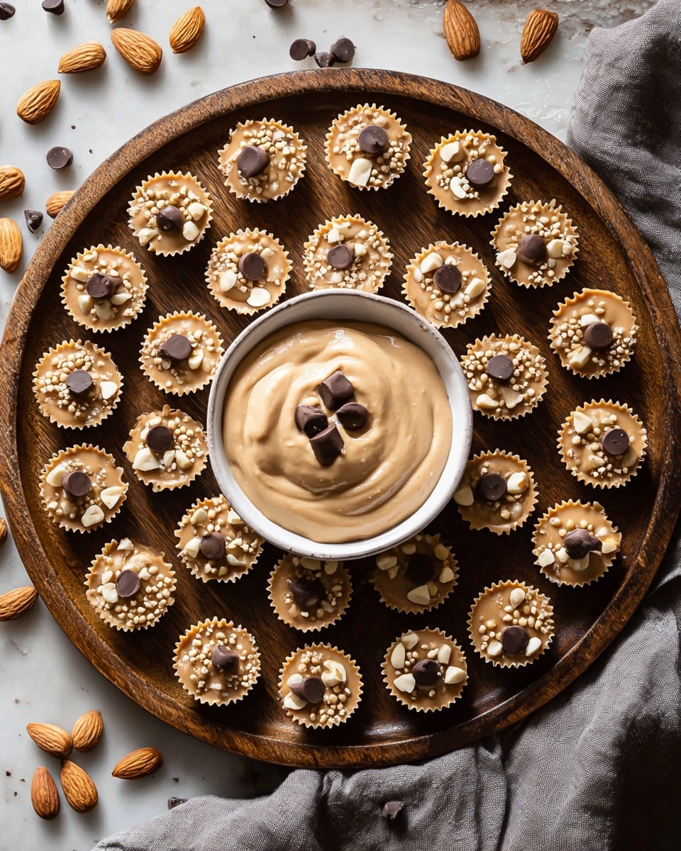 A round wooden tray holds 28 small, bite-sized peanut butter cups arranged in a circle, each topped with a smooth peanut butter layer scattered with whole almonds, mini chocolate chips, and tiny puffed white grains. In the center of the tray, there is a white bowl filled with creamy peanut butter dip, garnished with larger chocolate chunks on its suede-like surface. The tray sits on a white marbled textured surface with a gray cloth partially under it and almonds scattered around, creating a warm, cozy setting. photo taken with an iphone --ar 4:5 --v 7