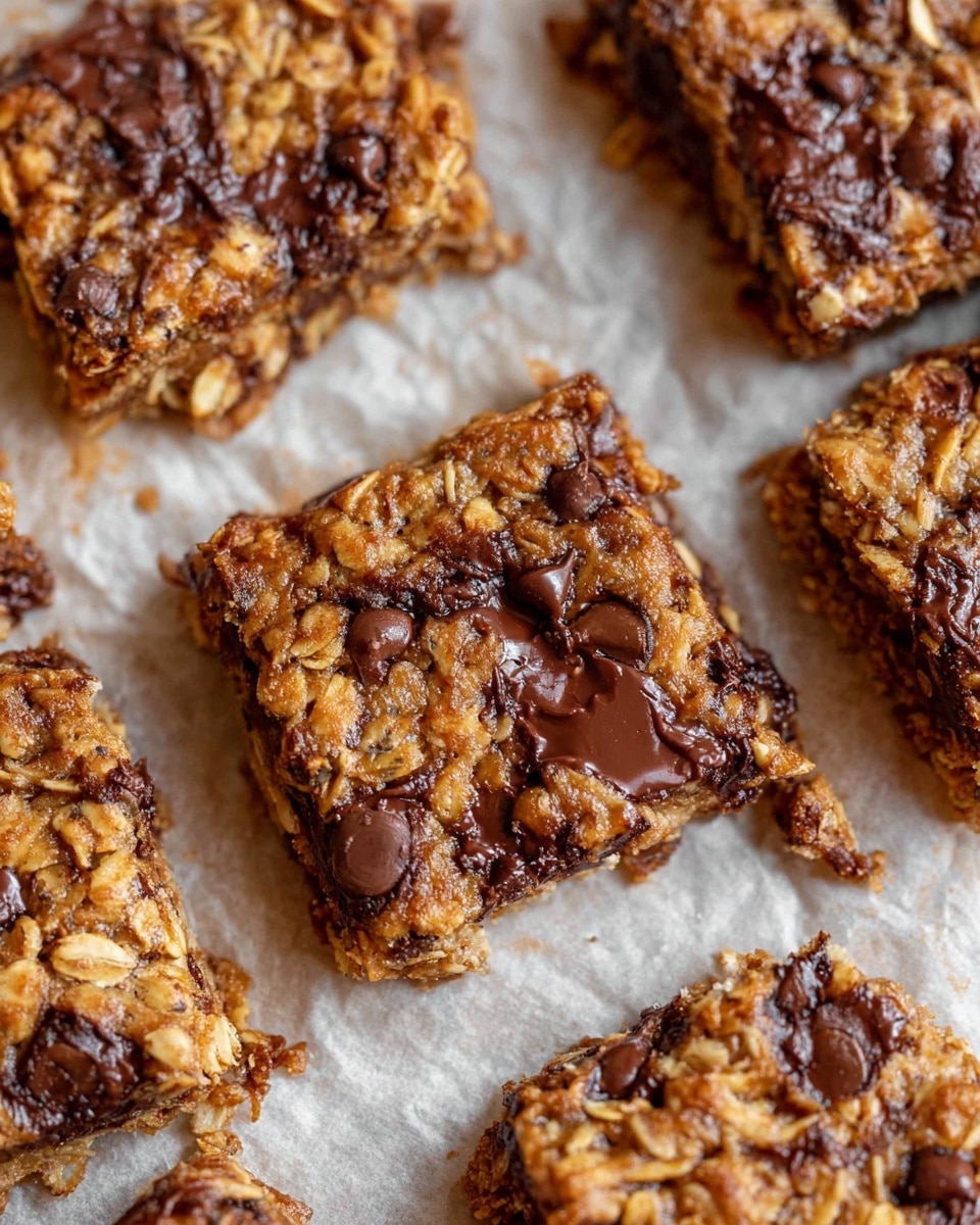 The image shows several square oat bars with visible layers of golden-brown baked oats mixed with melted dark chocolate chunks and chips scattered throughout. The texture is rough and chunky, with the oats slightly raised and the chocolate glistening in spots where it has melted and pooled. The bars rest on a crinkled sheet of parchment paper that is laid over a white marbled surface. The bars have uneven edges, giving a homemade feel, and the colors vary from light beige to rich brown with shiny dark spots from the chocolate. photo taken with an iphone --ar 4:5 --v 7