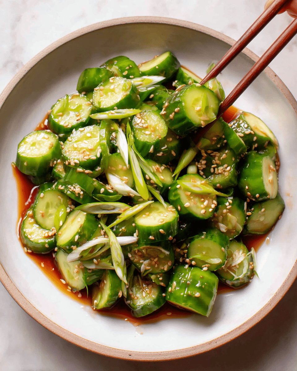 A white shallow bowl filled with a pile of chopped green cucumbers, each piece showing a light green inside and glossy darker green skin with slight ridges. The cucumber pieces are layered closely, with some slices lying flat and others tilted, giving a sense of volume. Over the cucumbers, thin light green slices of scallion are scattered, along with small off-white sesame seeds dotted all over. A reddish-brown sauce pools at the bottom, partially visible between the cucumber pieces. A pair of wooden chopsticks held by a woman's hand is picking up a few cucumber slices on the right side. The bowl is placed on a white marbled textured surface. Photo taken with an iphone --ar 4:5 --v 7
