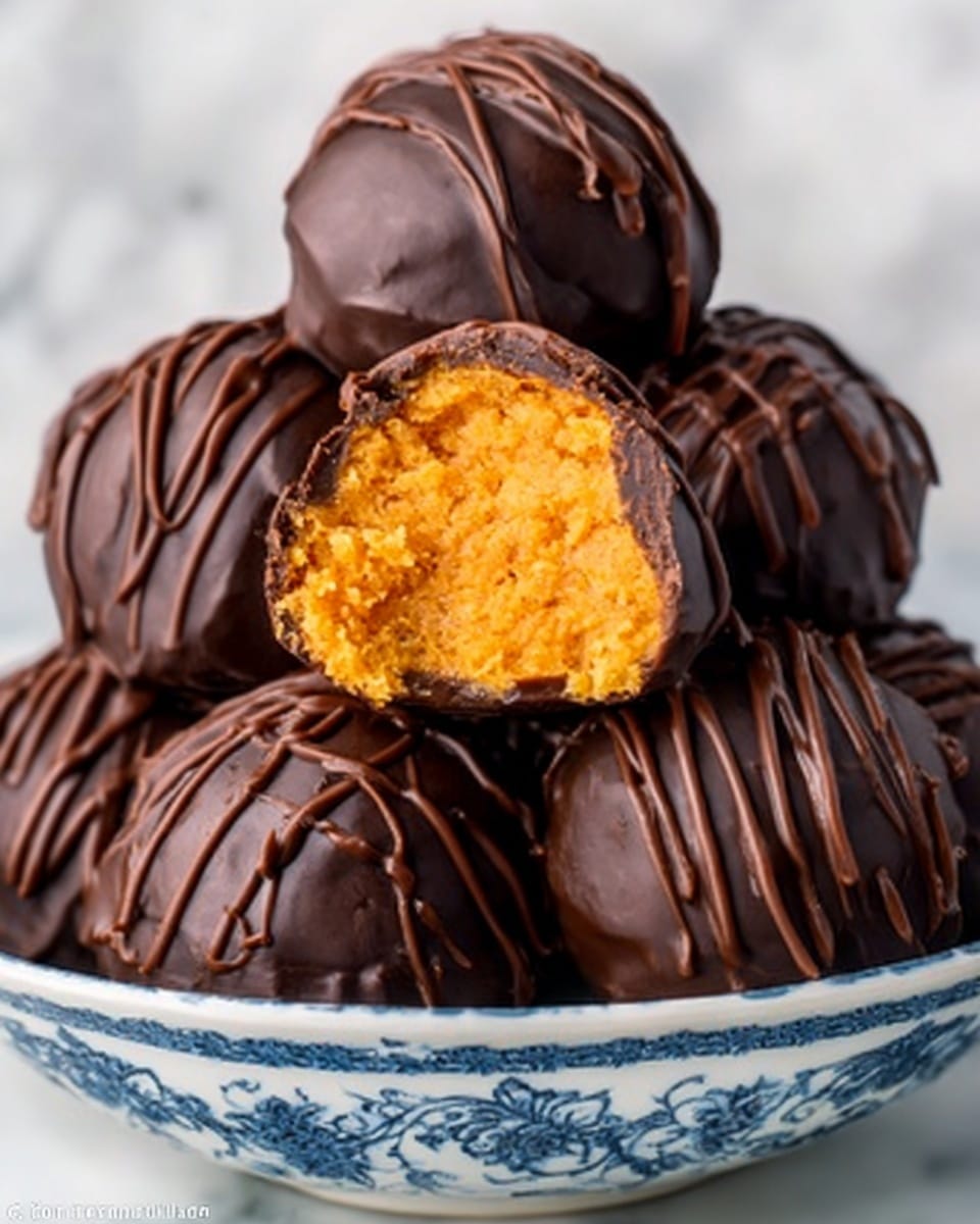 The image shows a close-up view of a group of chocolate-covered treats stacked in a white bowl with a blue pattern. Each treat is round, with a dark shiny chocolate coating featuring thin chocolate drizzle lines on top. One piece is cut open and placed on top, revealing a bright orange, smooth and slightly grainy filling. The background has a white marbled texture. photo taken with an iphone --ar 4:5 --v 7