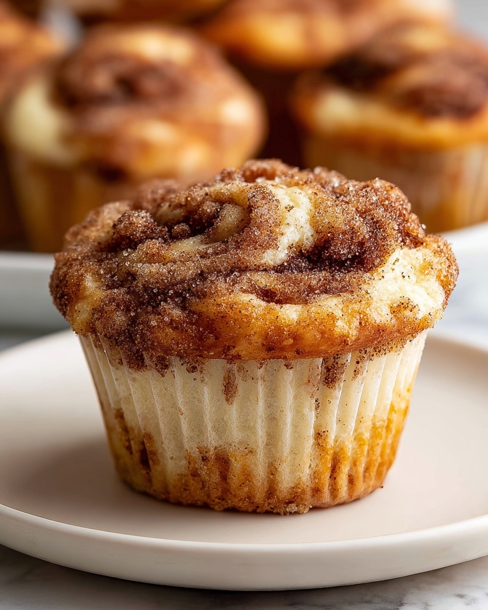 A close-up view of a cinnamon roll muffin sitting on a white plate with a white marbled texture beneath it, showing its soft, creamy top layer with light golden and brown swirls of cinnamon sugar baked into the dough. The muffin has a slightly crispy bottom layer in a paper liner with brown speckles that show through. The upper part is fluffy and light with textured sugar and cinnamon sprinkles layered on top, giving it a rich and warm look. In the blurred background, more similar cinnamon roll muffins are slightly visible. Photo taken with an iphone --ar 4:5 --v 7