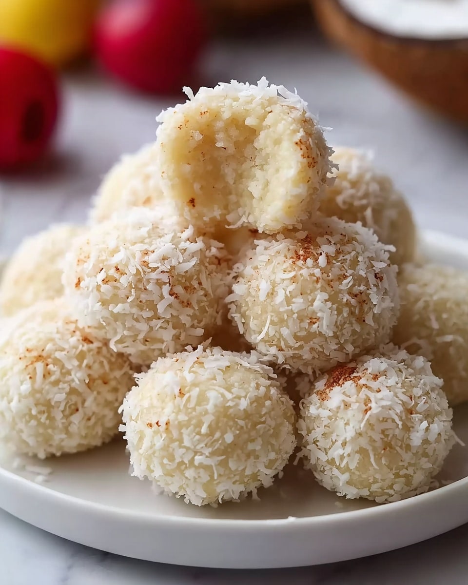 A white round plate holds a pile of small round balls, each covered with a layer of white shredded coconut and a light brown powder, giving a rough texture. One ball is lifted above the pile, showing its inside, which is soft, moist, and creamy white in color with a slightly grainy texture. The balls are closely packed together over a white marbled surface with blurred red and yellow objects in the background. Photo taken with an iphone --ar 4:5 --v 7