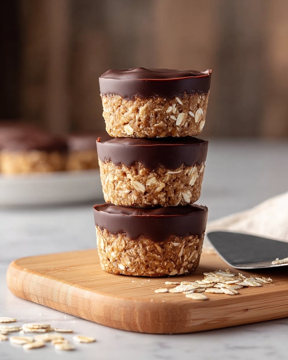 A stack of four oat and chocolate cups stands on a small wooden board over a white marbled surface. Each cup has a rough-textured oat base in light brown with visible rolled oats, topped with a smooth, shiny dark chocolate layer. The cups are neatly stacked, showing the contrast between the thick, crumbly oat layers and the glossy chocolate tops. Some loose oats are scattered near the board, and a metal spatula rests on the right side, all set against a blurred kitchen background. photo taken with an iphone --ar 4:5 --v 7
