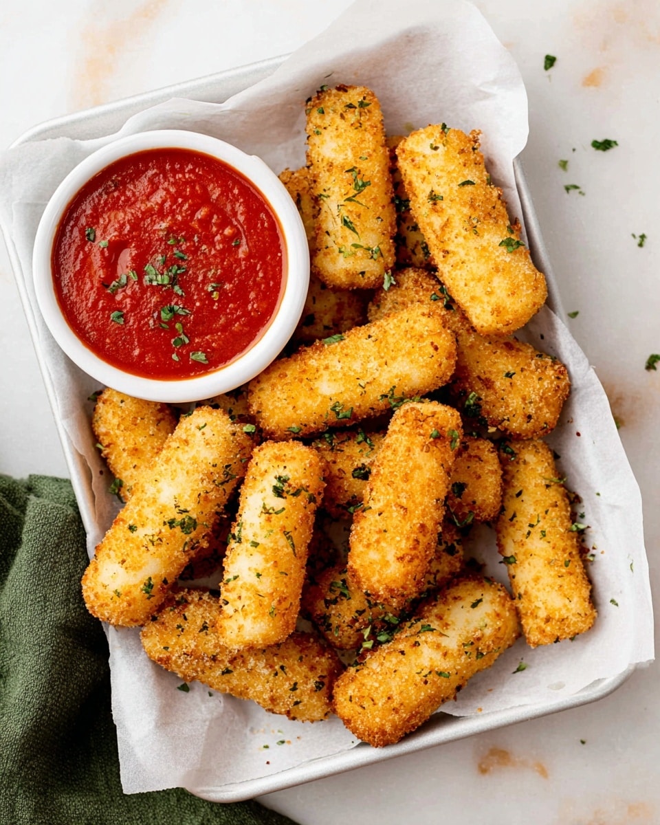 A white tray lined with white parchment paper holds about eleven golden-brown, crunchy mozzarella sticks sprinkled with green herb bits scattered on top, arranged in a loose cluster pointing in different directions; near the top left of the tray is a small white bowl filled with red marinara sauce showing a thick, slightly chunky texture, garnished with tiny green herb pieces. The tray sits on a white marbled surface with a green cloth partially visible on the left side. photo taken with an iphone --ar 4:5 --v 7