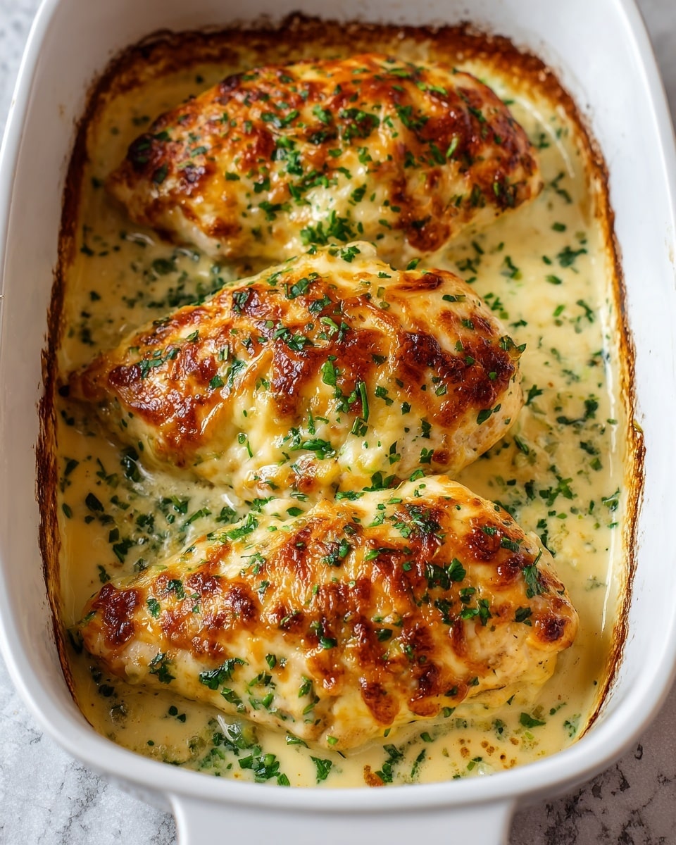 The image shows three large pieces of baked chicken breast, covered in a golden brown, crispy cheese layer with green herbs sprinkled on top. The chicken sits in a shallow pool of creamy sauce at the bottom of a white baking dish. The cheese topping looks slightly bubbled and caramelized, with a mix of crispy and melty textures. The herbs add fresh green specks that contrast with the warm yellow and brown colors of the chicken and sauce. The white baking dish is placed on a white marbled surface. photo taken with an iphone --ar 4:5 --v 7