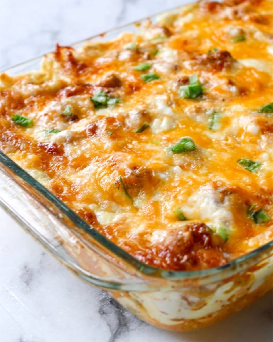 The image shows a close-up of a baked dish in a clear glass rectangular dish placed on a white marbled surface. The dish has several layers: the bottom layer is not visible, but the top layer is covered with melted orange and white cheese that looks gooey and slightly browned. There are small pieces of green garnish scattered on top, adding a fresh touch. The melted cheese has a smooth and glossy texture, with some bubbling spots. The clear dish edges show part of the layers inside. Photo taken with an iphone --ar 4:5 --v 7