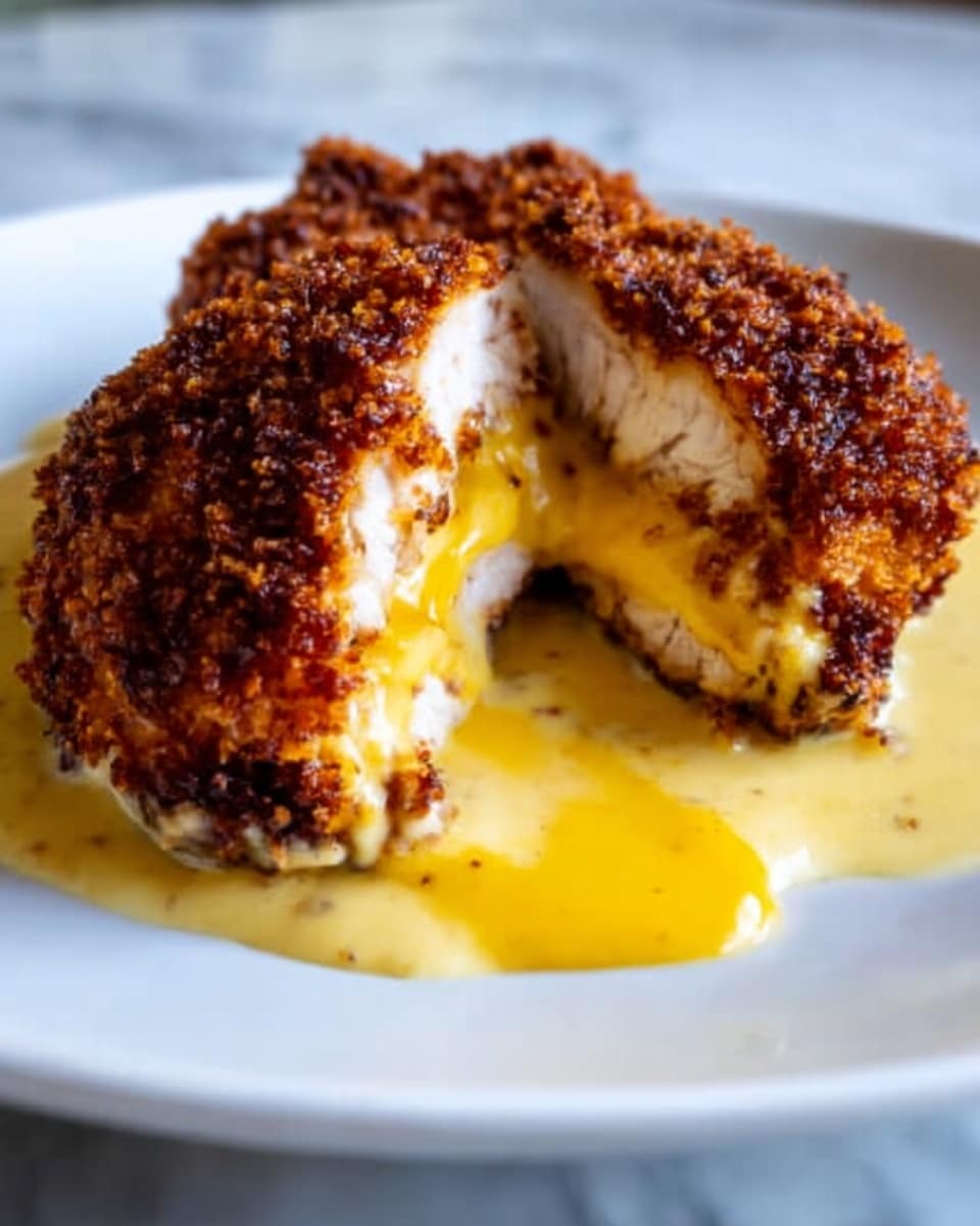 A close-up image of a round, deep-fried food item cut in half on a white plate, showing a crispy, dark brown, crunchy outer layer with a coarse texture. Inside, there are layers of melted yellow cheese and white soft chicken meat. A thick light yellow sauce covers the bottom part of the dish and pools around it. The background is a smooth white marbled surface. Photo taken with an iphone --ar 4:5 --v 7