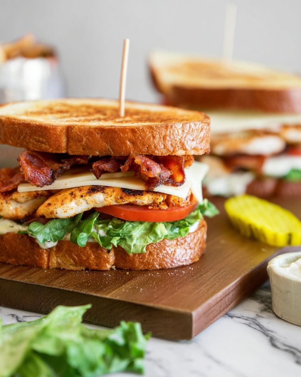 The image shows a close-up of a toasted sandwich with three main layers: the top layer is a piece of golden brown toasted bread with grill marks, underneath it is green leafy lettuce and a spread of white mayo, then a slice of red tomato, crispy brown bacon, and a slice of pale yellow cheese, all resting on a thick grilled chicken breast with a seasoned, slightly charred surface. The sandwich is held together with a wooden toothpick standing in the middle, placed on a wooden cutting board. To the right of the sandwich is a yellow pickle, and in the foreground is some leafy green lettuce on a white marbled surface, with another sandwich blurred in the background. photo taken with an iphone --ar 4:5 --v 7