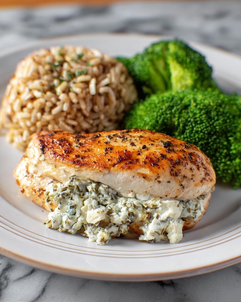 The image shows a white plate with three main parts: in front, there is a thick grilled chicken breast stuffed with a creamy white cheese and herb mixture visible on the side, the top of the chicken has a golden brown, slightly crispy texture with black pepper specks; behind it, there is a mound of cooked wild rice, light brown with darker bits mixed in, and on the right side of the plate, there are bright green steamed broccoli florets with a fresh, slightly shiny surface. The plate rests on a white marbled surface. photo taken with an iphone --ar 4:5 --v 7