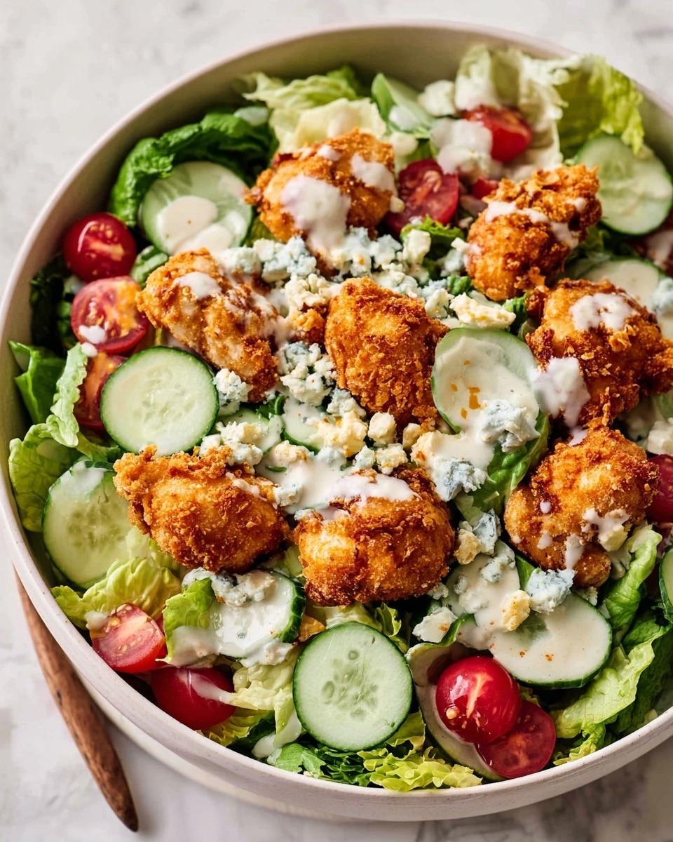 A large bowl holds a fresh salad with three main layers visible: at the bottom, bright green lettuce leaves form a leafy base; the middle layer includes thin slices of cucumber in pale green and light texture, along with halved cherry tomatoes in bright red; the top layer shows golden-brown crispy chicken pieces with a crunchy texture, scattered evenly along with chunks of creamy white and blue-veined cheese. There is a light dressing drizzled across the salad adding a shiny finish, and a faint sprinkle of black pepper on top. The bowl appears ceramic with a soft beige color, set on a white marbled surface. photo taken with an iphone --ar 4:5 --v 7